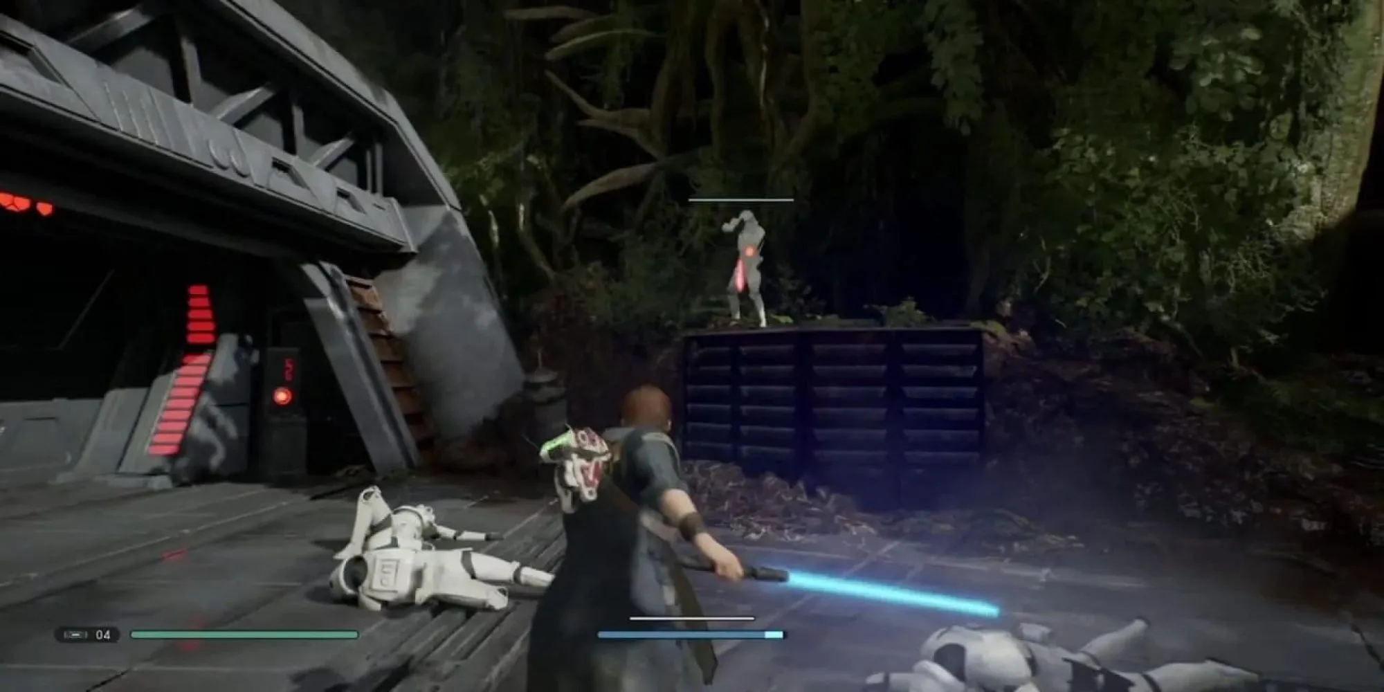 Cal Kestis sử dụng Lightsaber chiến đấu với Stormtroopers trong game Star Wars Jedi: Fallen Order, một tựa game soulslike với nhiều điểm trừ.