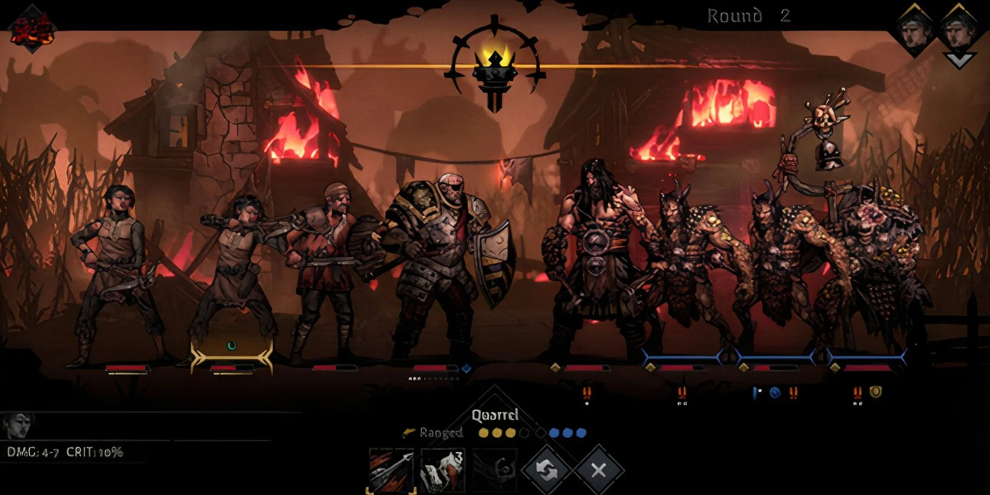 Cảnh chiến đấu căng thẳng trong game Darkest Dungeon 2