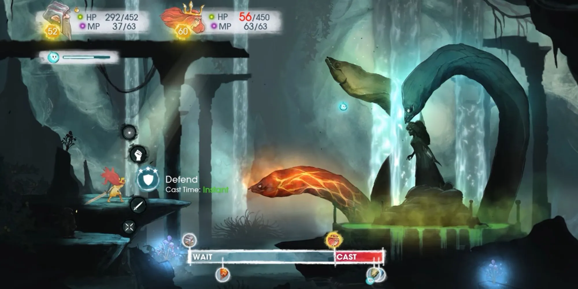 Cảnh chiến đấu đầy màu sắc và nghệ thuật trong Child of Light, với hệ thống ATB và sự hỗ trợ của đom đóm Igniculus.
