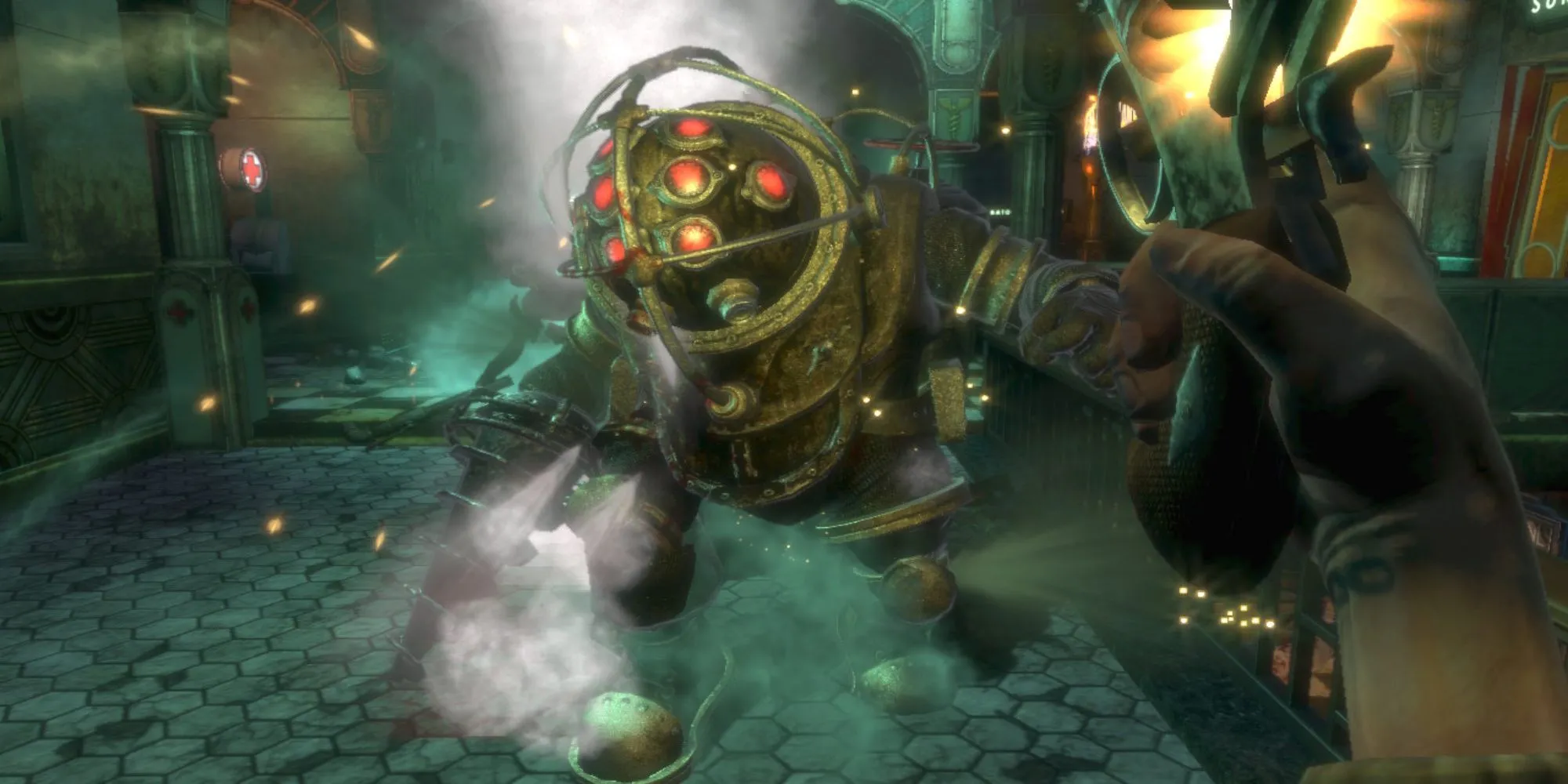 Cảnh chiến đấu trong Bioshock với một Big Daddy đang tấn công người chơi trong thành phố Rapture dưới nước