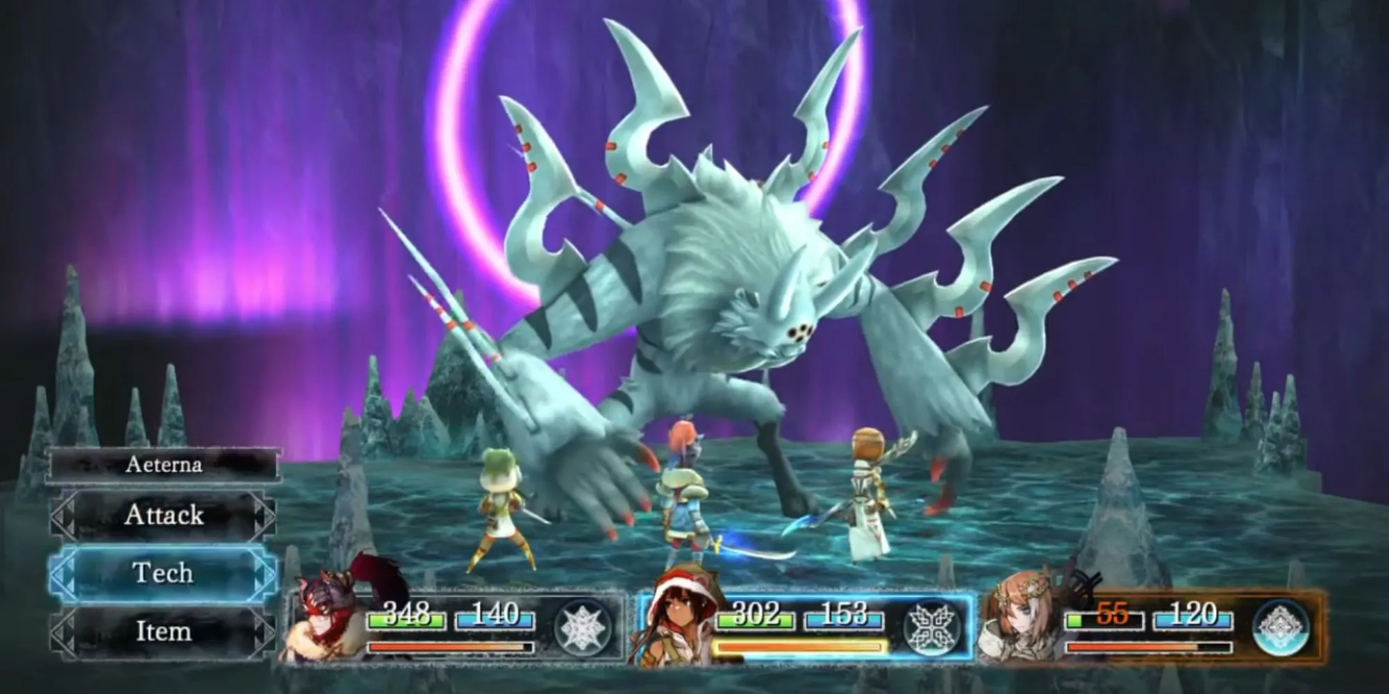 Cảnh chiến đấu trong game I Am Setsuna, gợi nhớ phong cách đồ họa và chiến thuật của Chrono Trigger.