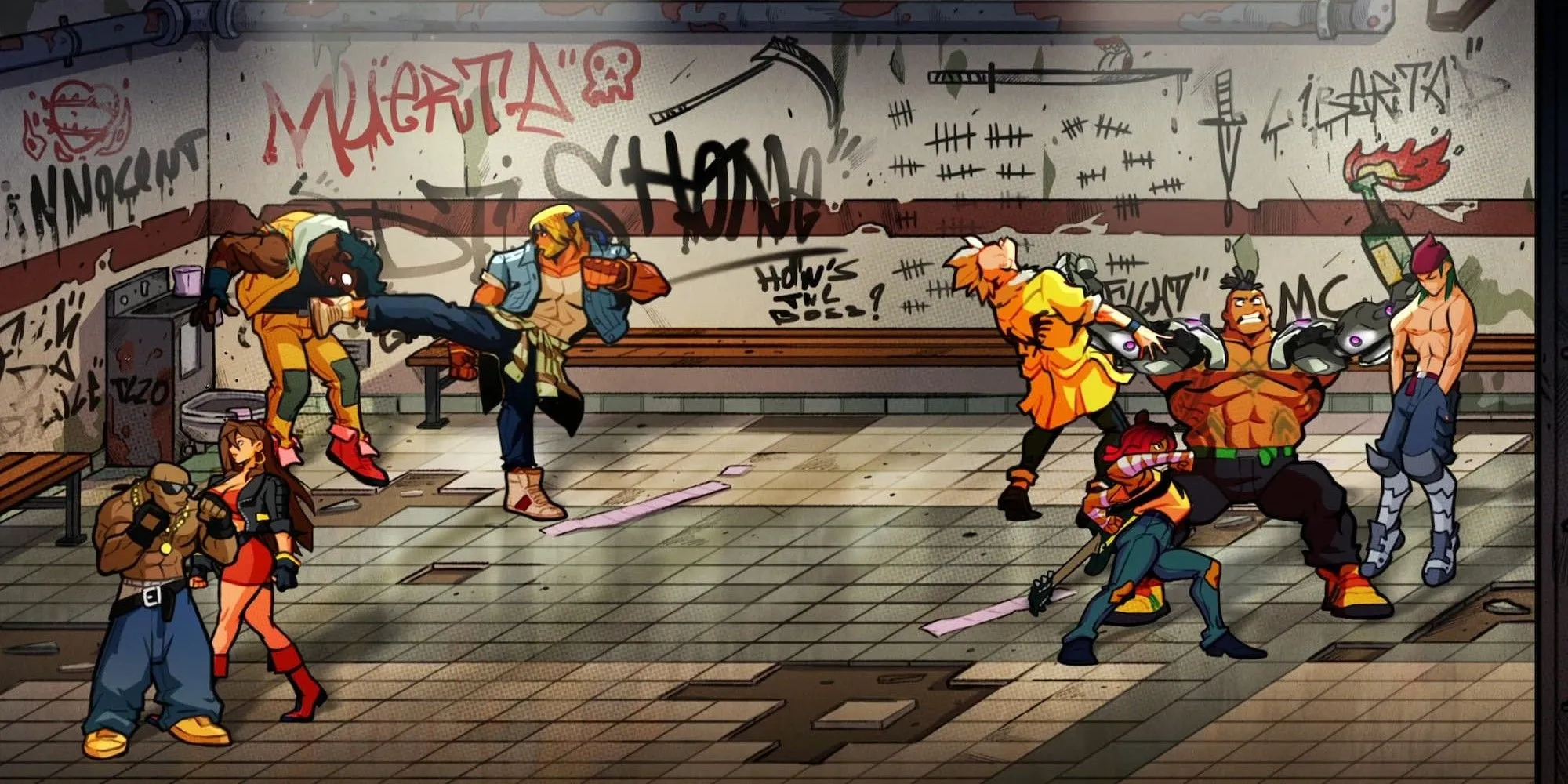 Cảnh chiến đấu trong game Streets of Rage 4 với nhân vật tung chiêu.