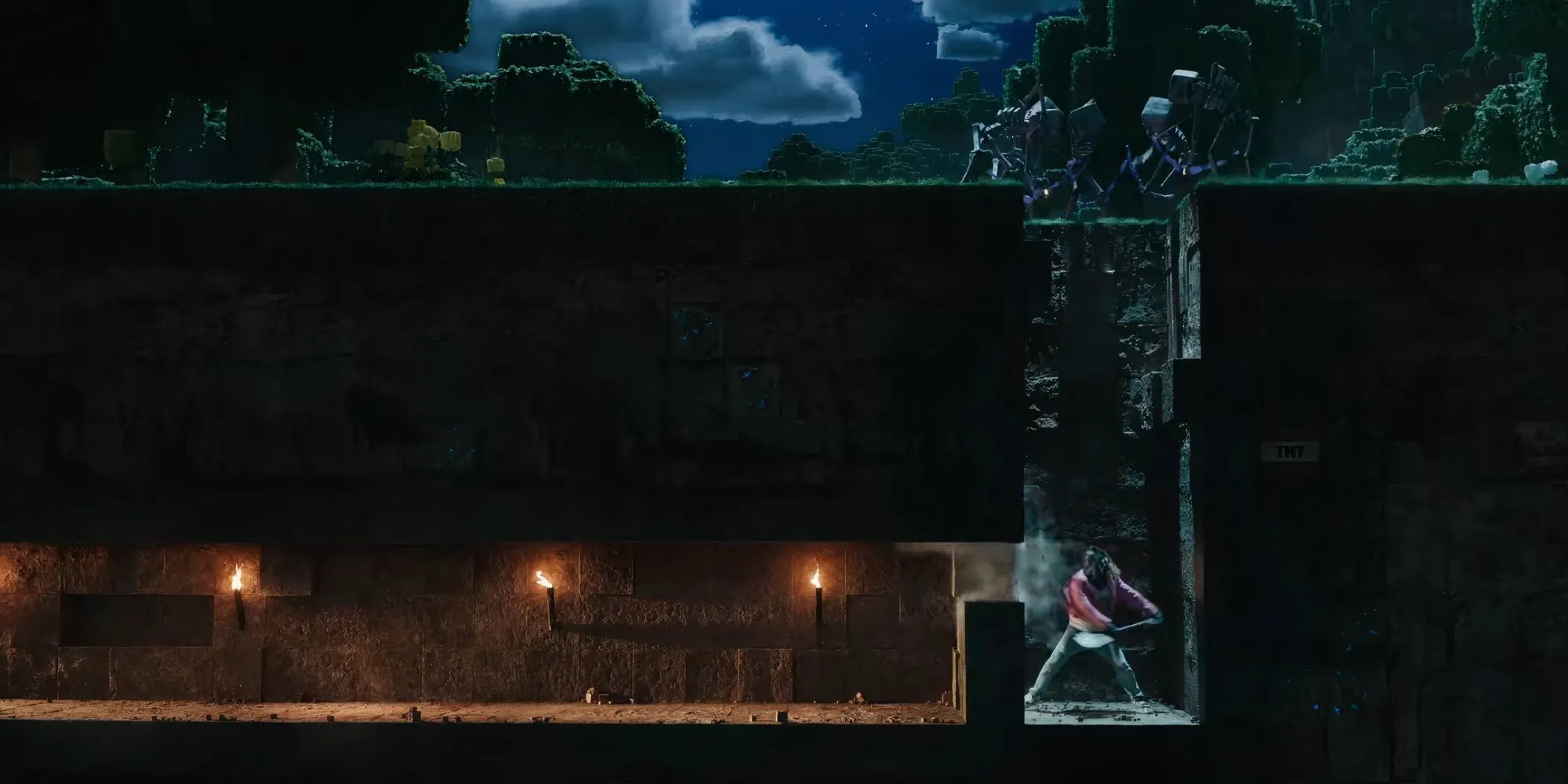 Cảnh đào khoáng sản trong phim A Minecraft Movie