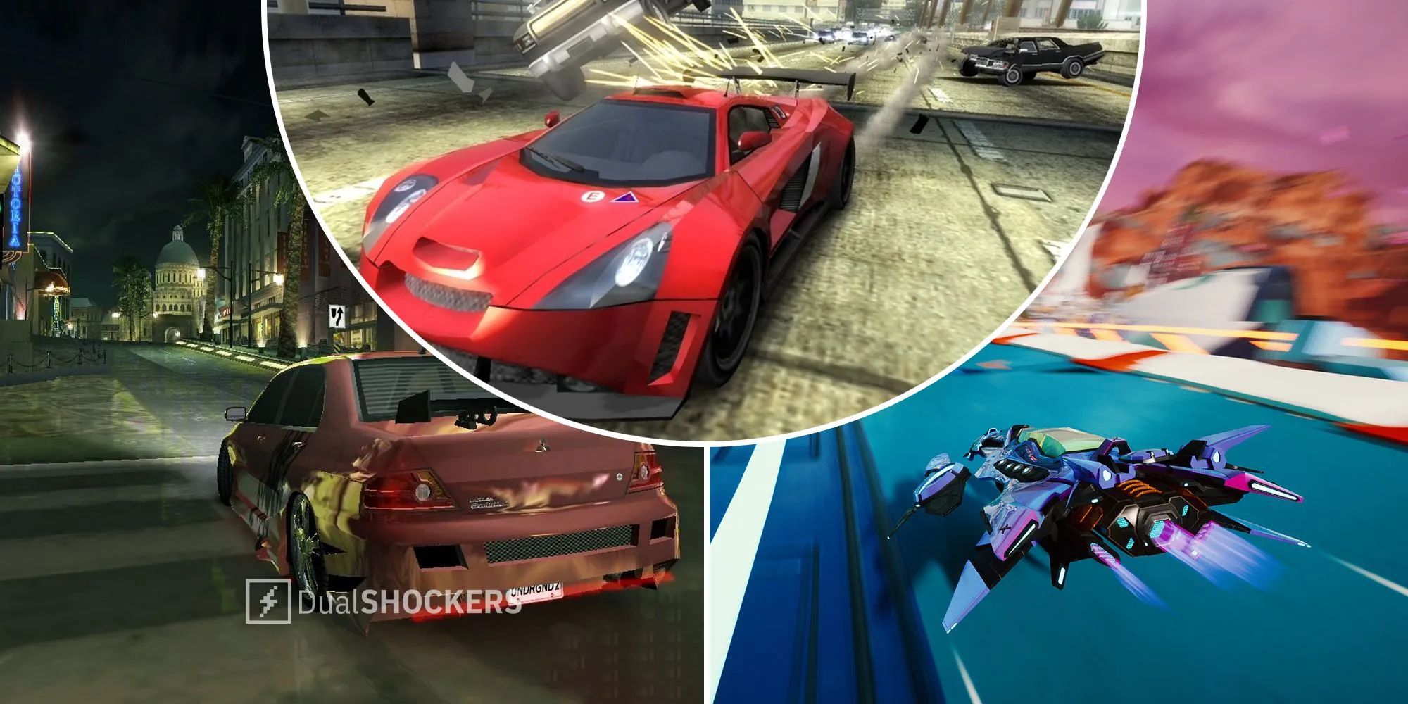 Cảnh đua xe trong Need for Speed Underground 2, Burnout 3:Takedown và Redout 2