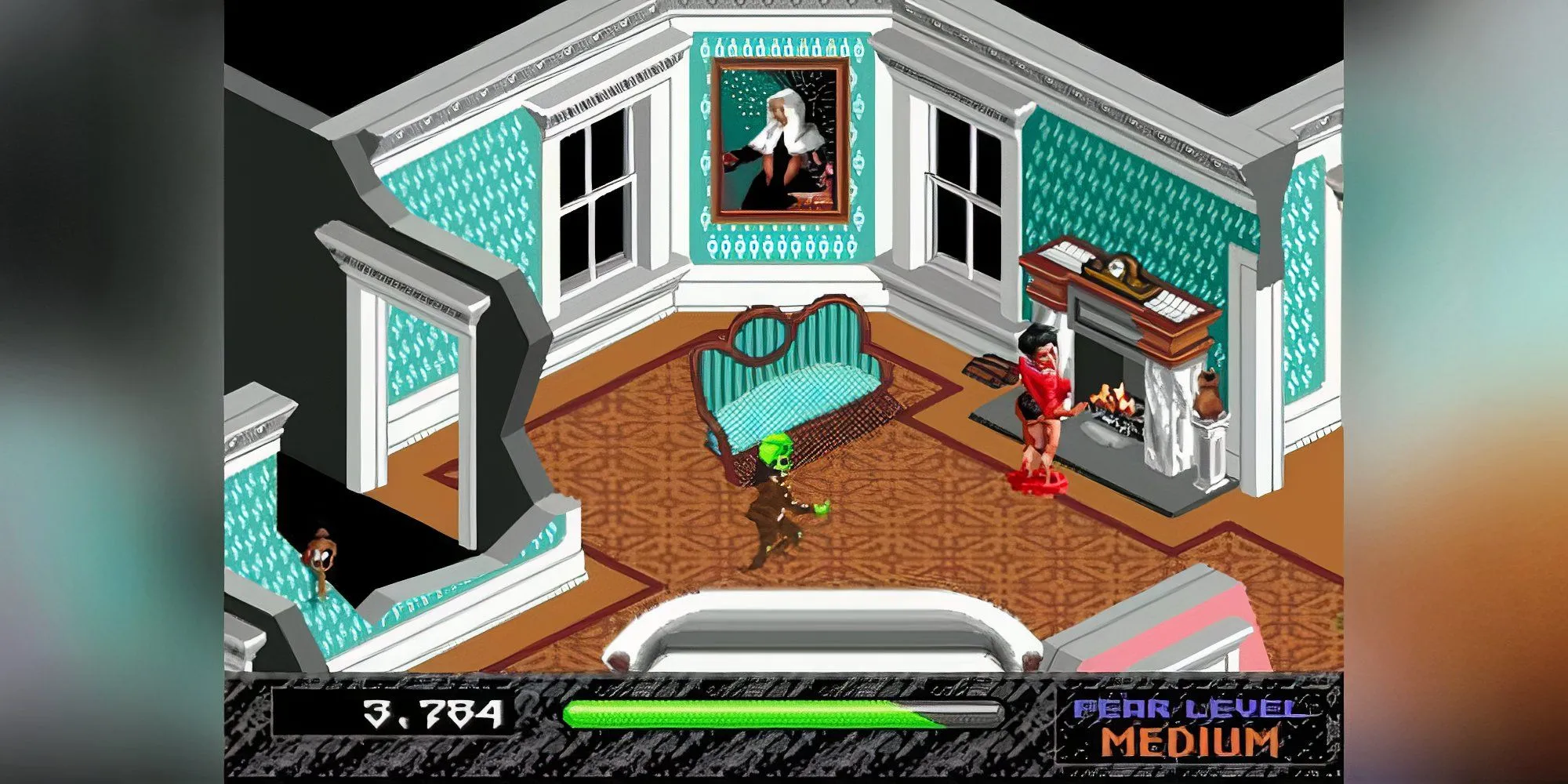 Cảnh gameplay game Haunting Starring Polterguy trên Sega Genesis, cho thấy hồn ma Polterguy tương tác với đồ vật trong nhà