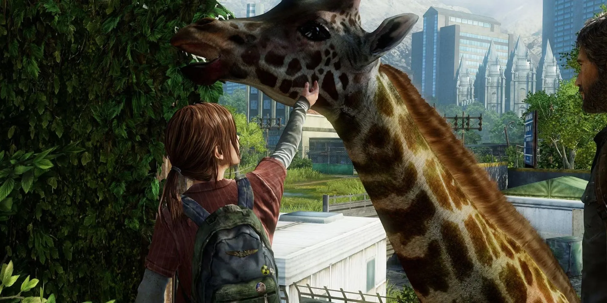 Cảnh Joel và Ellie gặp một con hươu cao cổ trong The Last of Us, một khoảnh khắc yên bình hiếm hoi