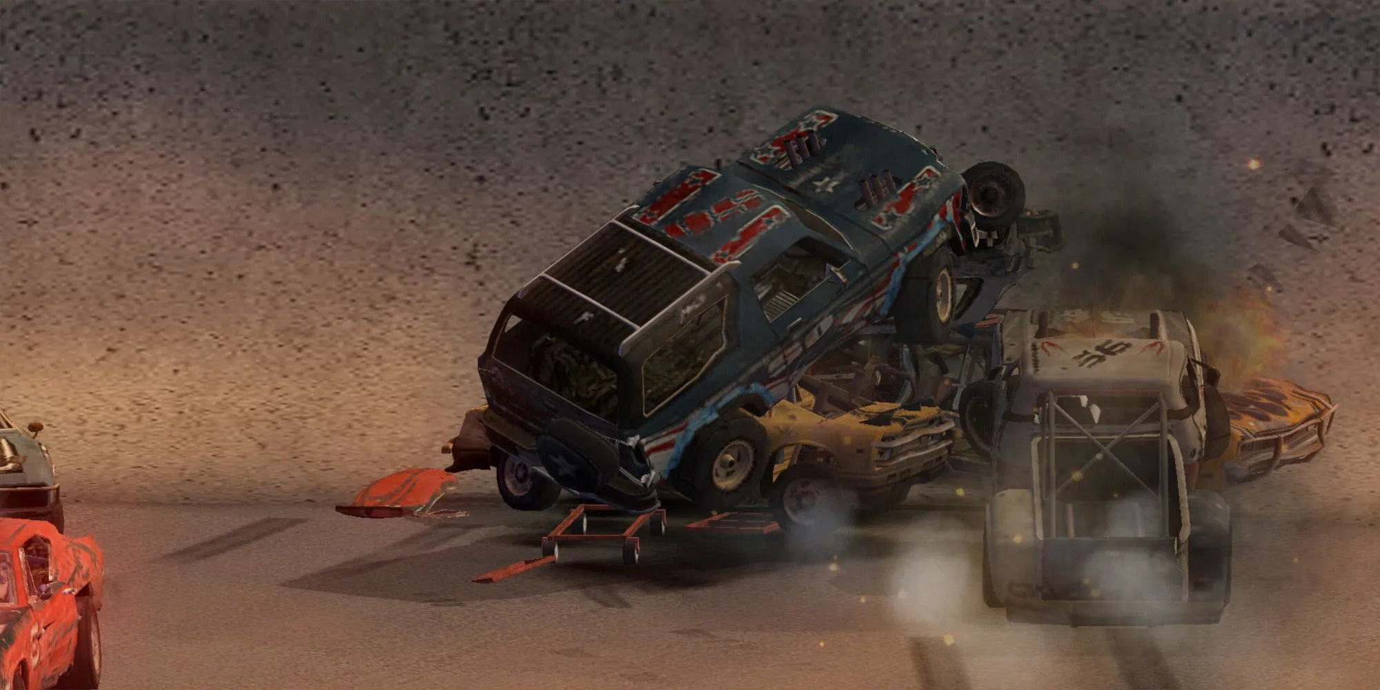 Cảnh va chạm liên hoàn và người lái bị văng ra trong game FlatOut 2