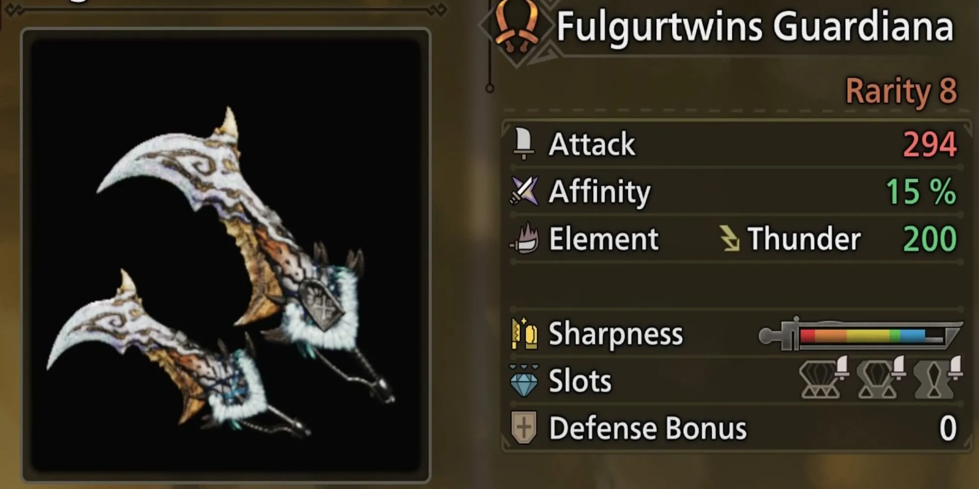 Cặp Song Kiếm Fulgartwins Guardiana phát ra tia điện, thể hiện sức mạnh nguyên tố Sét trong Monster Hunter Wilds.