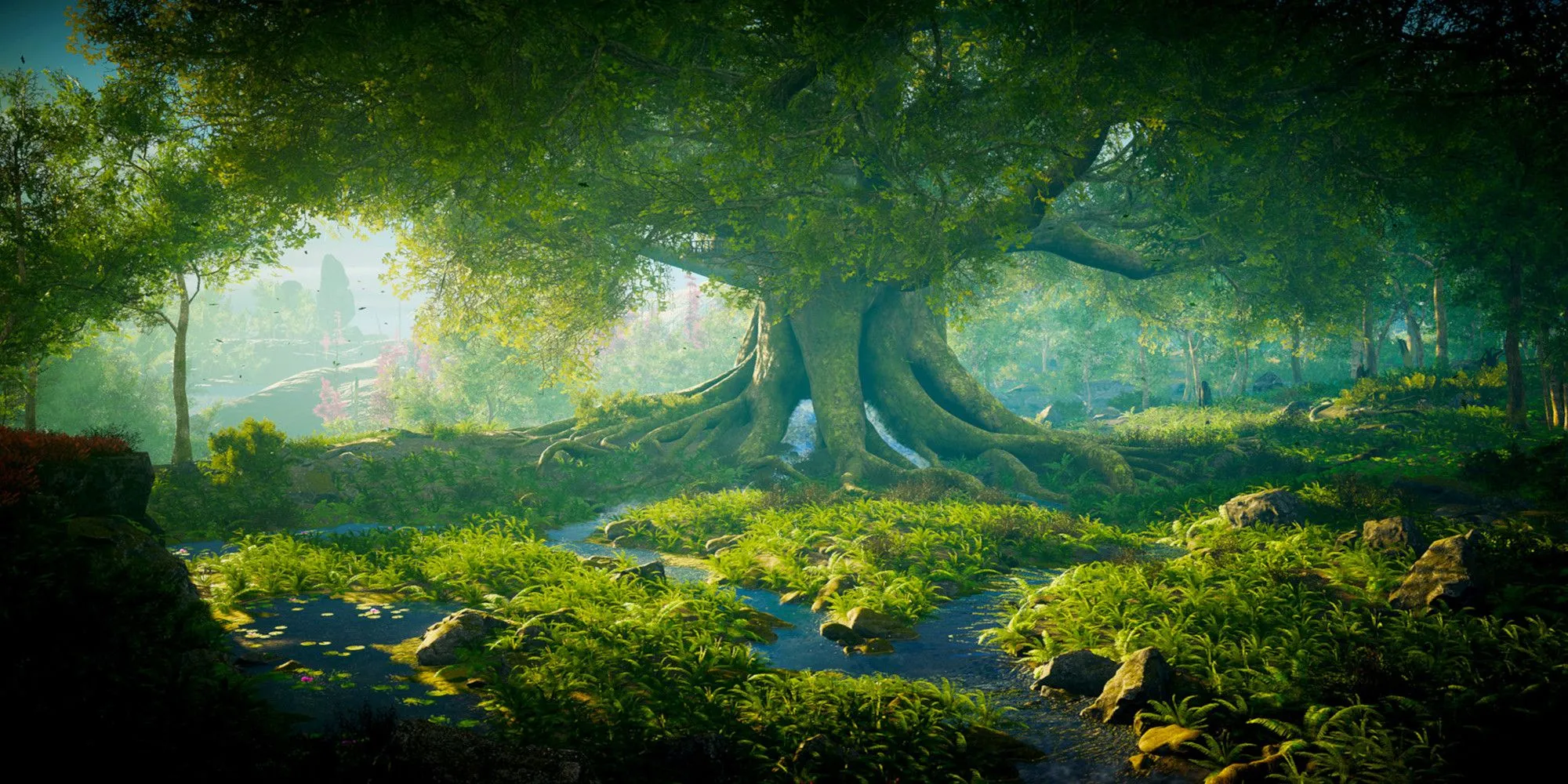 Cây cổ thụ khổng lồ giữa đồng cỏ và suối nước trong Eastshade