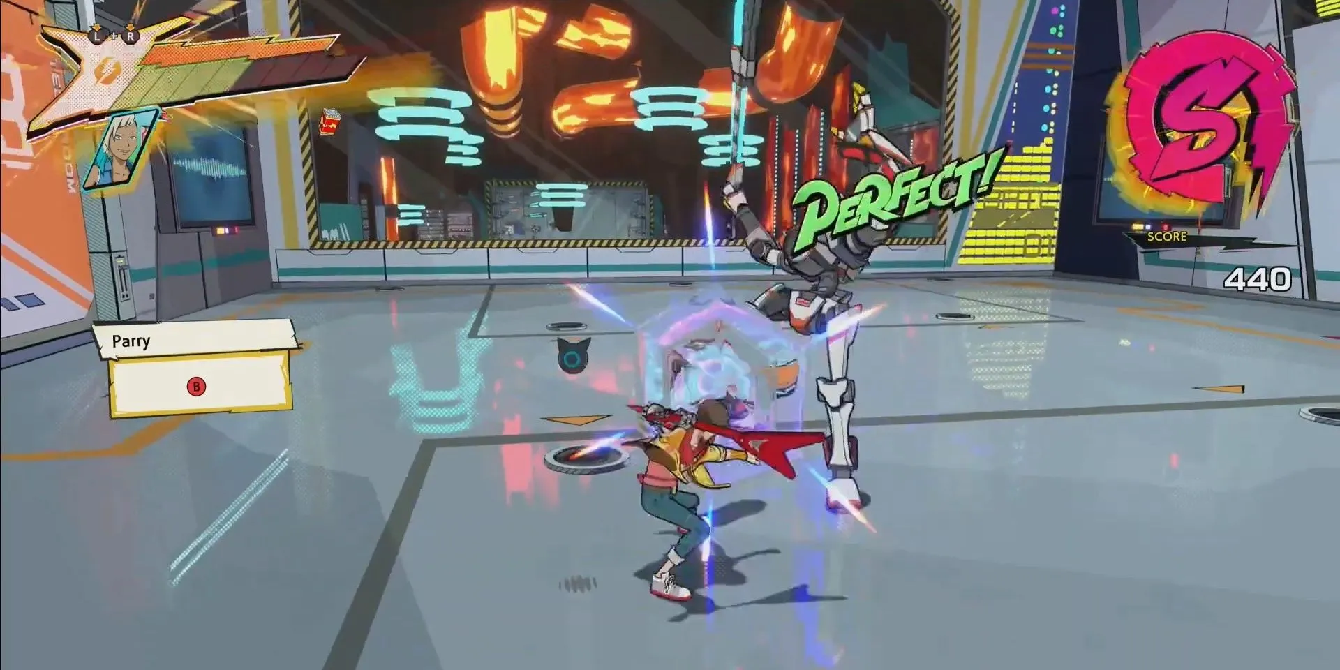 Chai thực hiện cú parry theo nhịp điệu trong game Hi-Fi Rush
