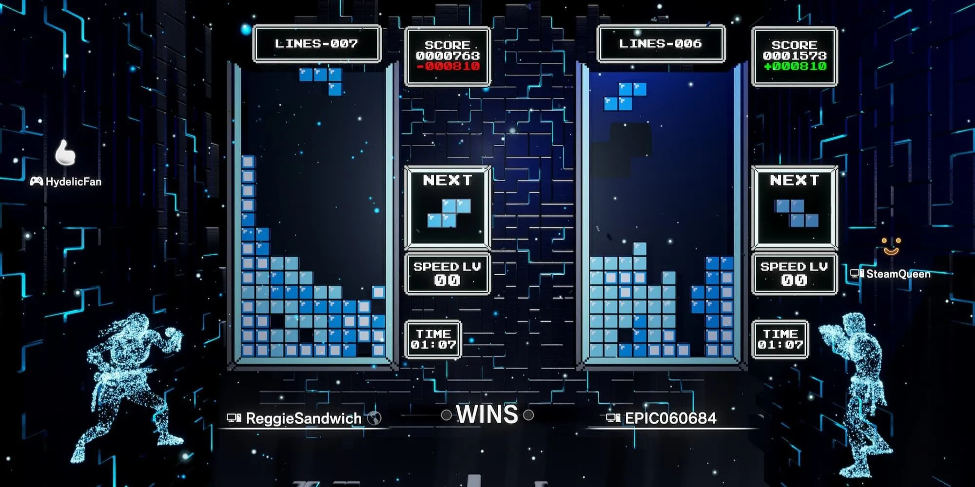 Chế độ nhiều người chơi trong Tetris Effect Connected với các khối hình đầy màu sắc.