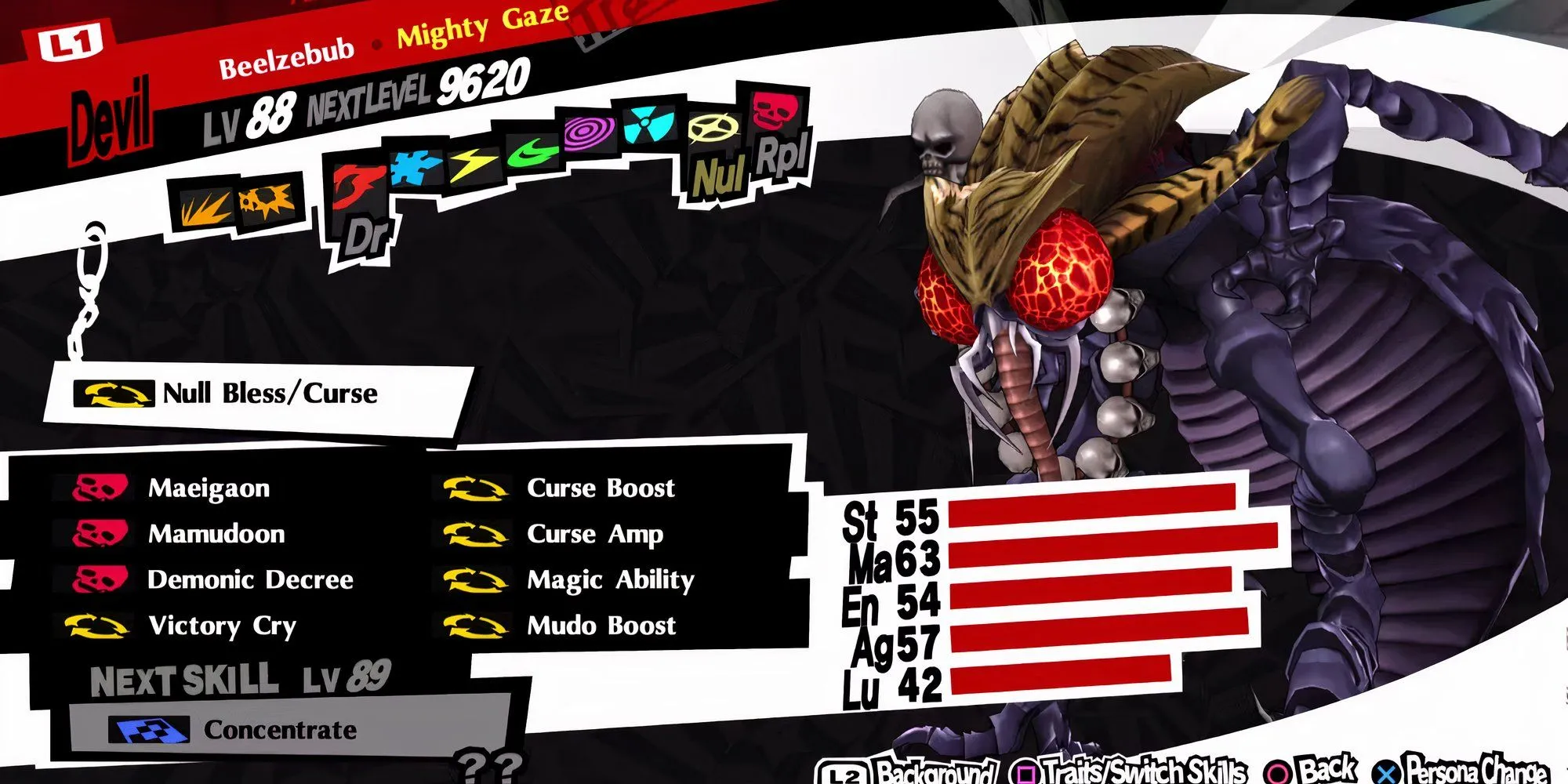 Chỉ số của Persona Beelzebub thuộc Devil Arcana trong Persona 5