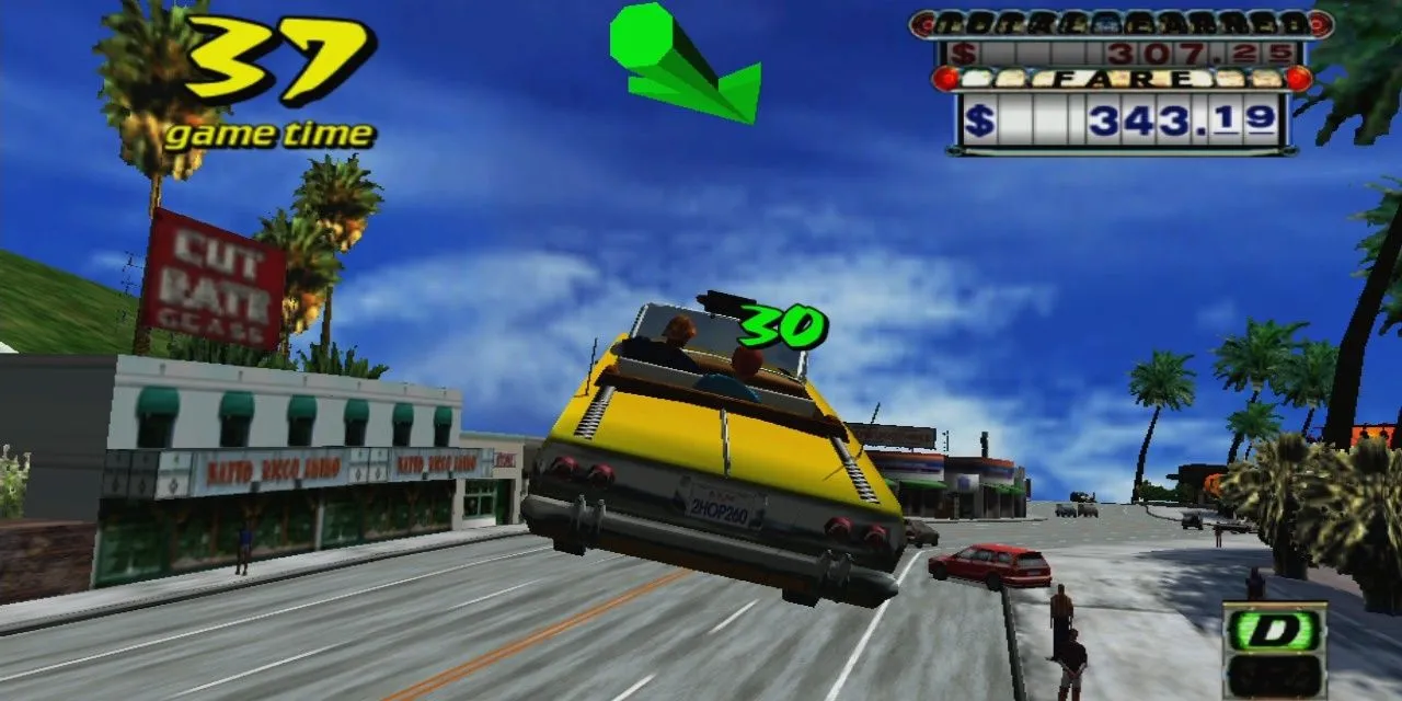 Chiếc taxi màu vàng nhảy lên không trung từ một con dốc trong Crazy Taxi