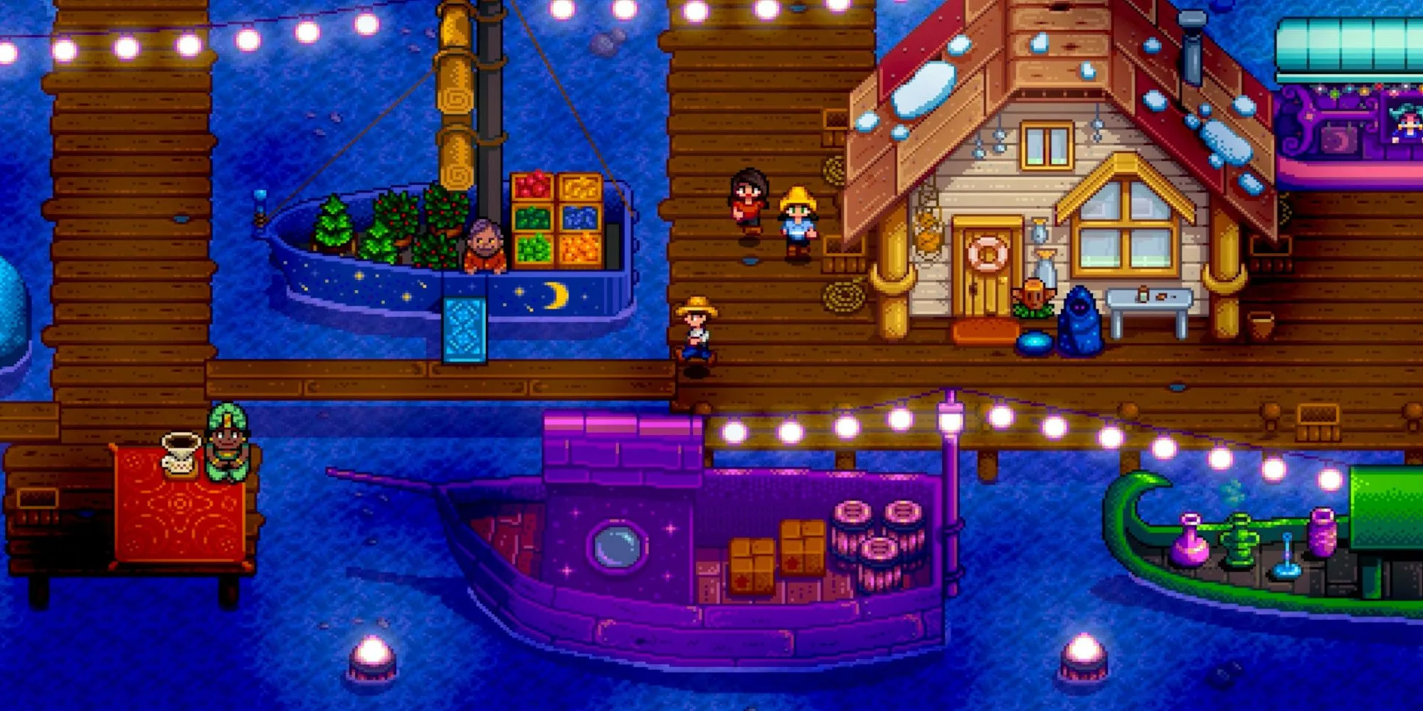 Chợ đêm trên biển trong Stardew Valley với các gian hàng trên tàu