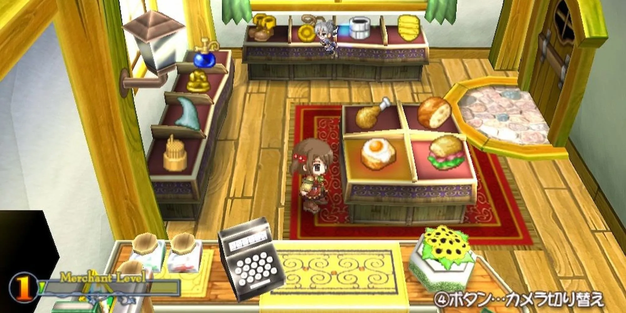 Cô gái chibi đứng trong cửa hàng vật phẩm game Recettear An Item Shop's Tale