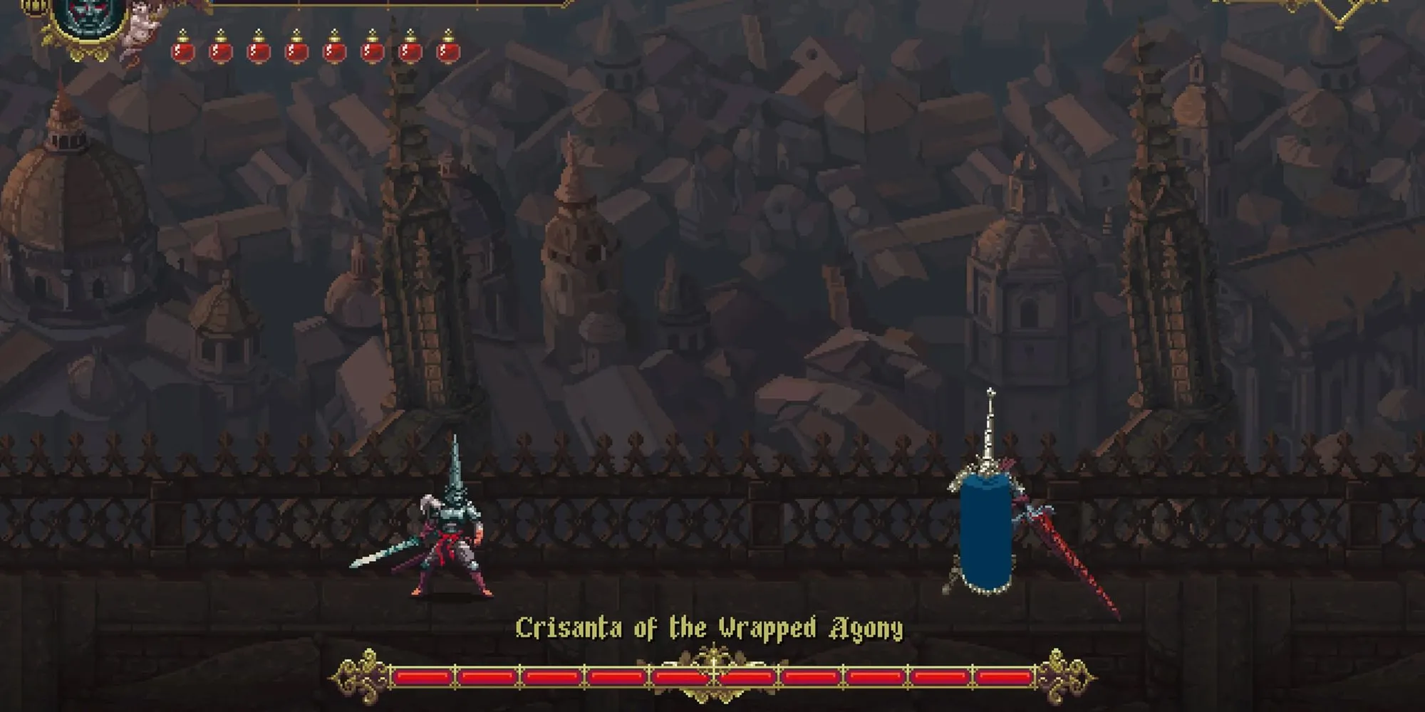 Crisanta of the Wrapped Agony trong Blasphemous với thanh kiếm dài và tư thế chiến đấu