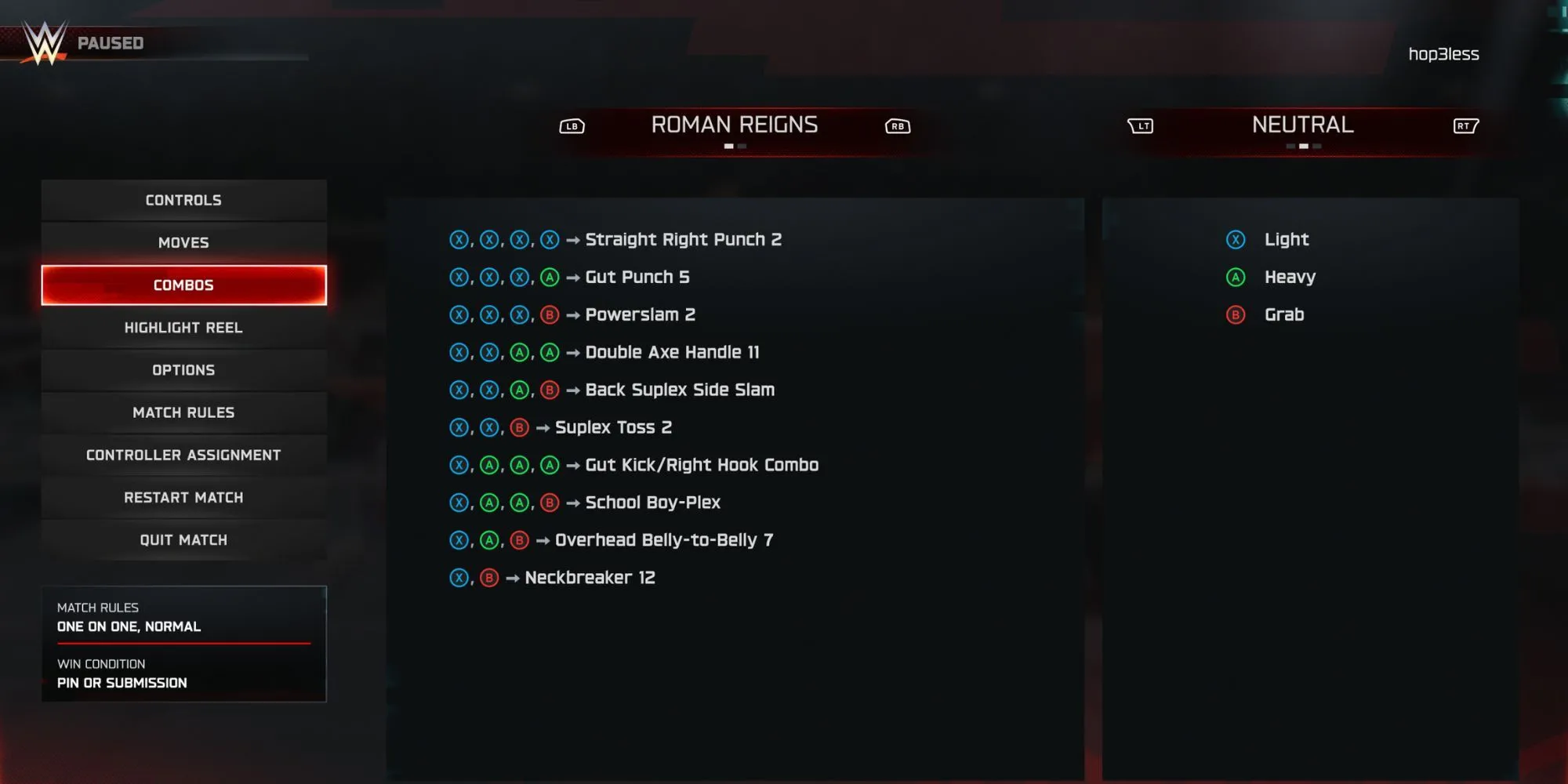 Danh sách các đòn combo của Roman Reigns trong game WWE 2K25
