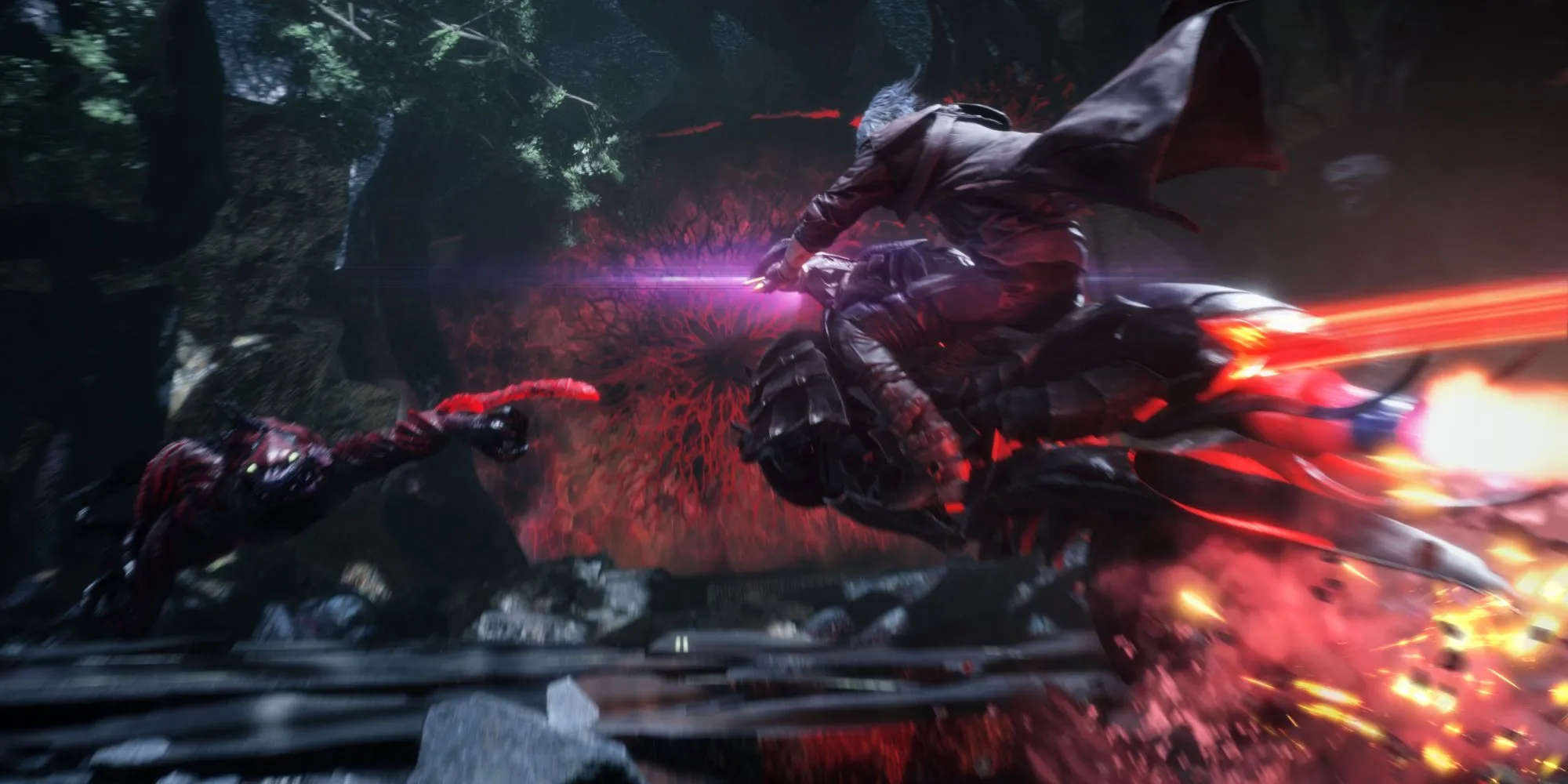 Dante cưỡi chiếc mô tô Cavaliere trong Devil May Cry 5, một vũ khí độc đáo có thể tách thành cặp cưa máy