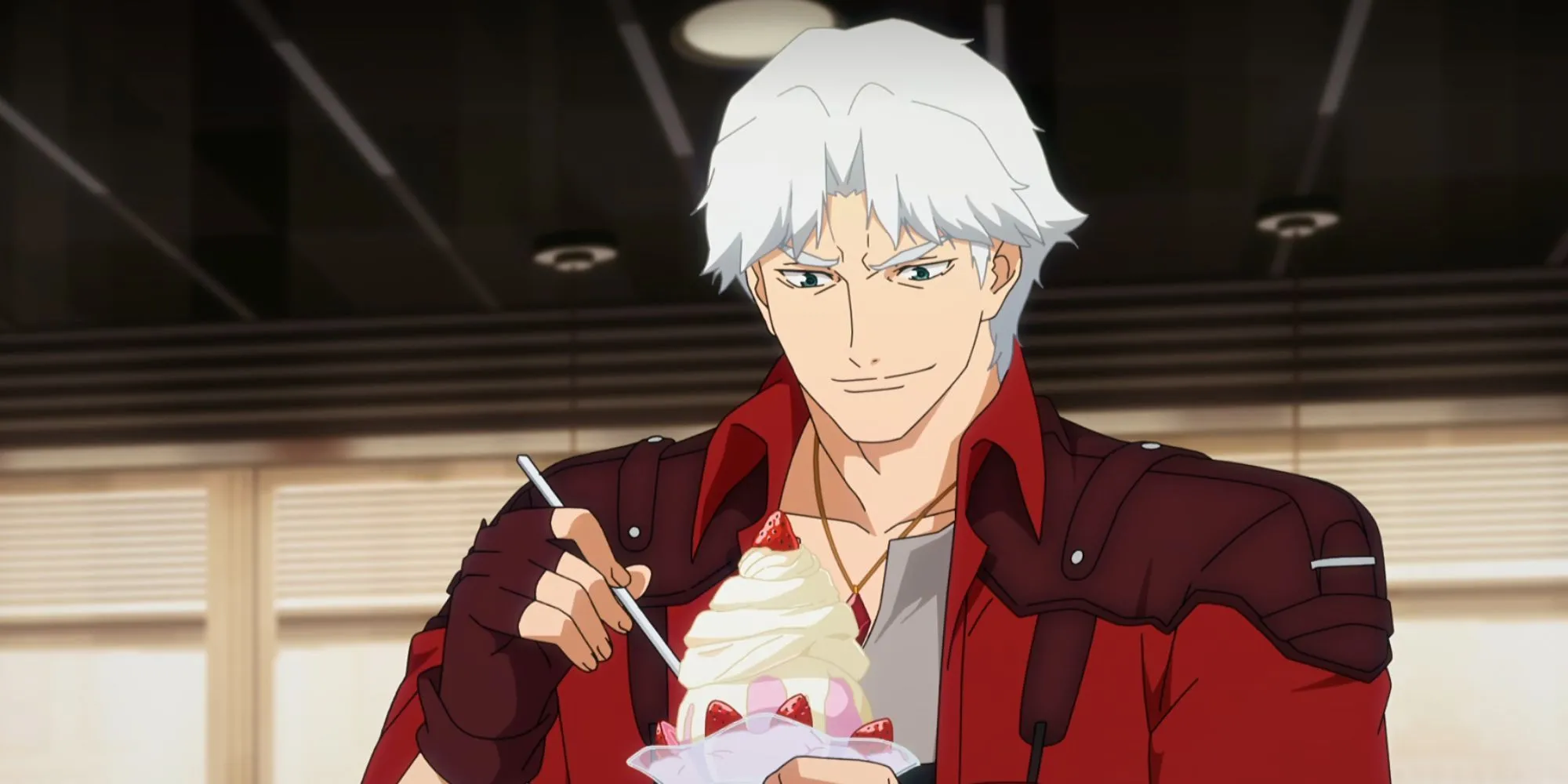 Dante thưởng thức món kem ly dâu tây yêu thích tại quán Fredy Diner trong Devil May Cry Netflix