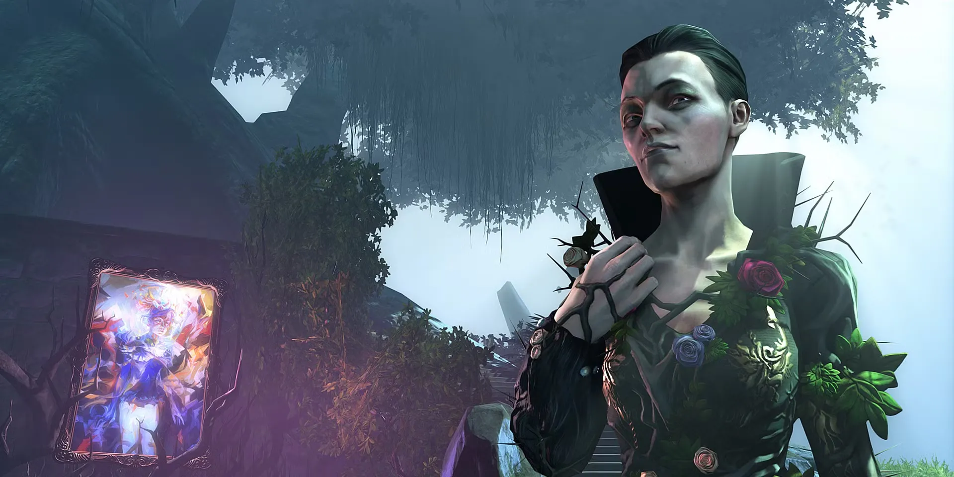 Delilah Copperspoon, phù thủy quyền năng và là phản diện chính của Dishonored 2, đang đứng giữa một thế giới tranh vẽ ma mị