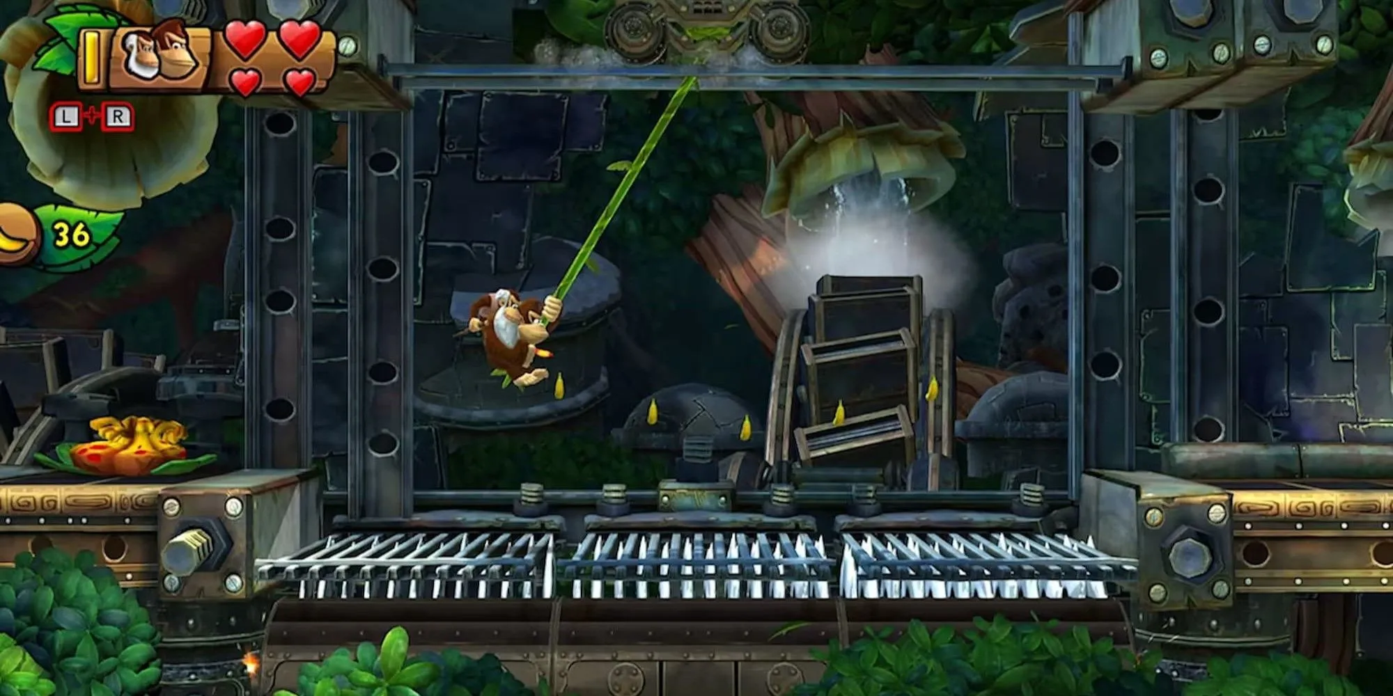 Donkey Kong đu dây vượt chướng ngại vật trong Donkey Kong Country Tropical Freeze.
