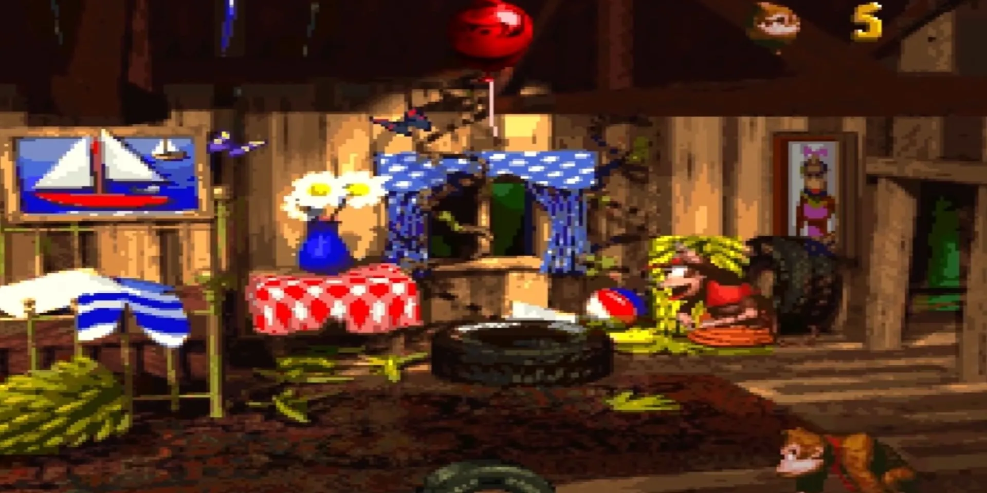 Donkey Kong và Diddy Kong trên một màn chơi rừng rậm với đồ họa pre-rendered đặc trưng của Donkey Kong Country
