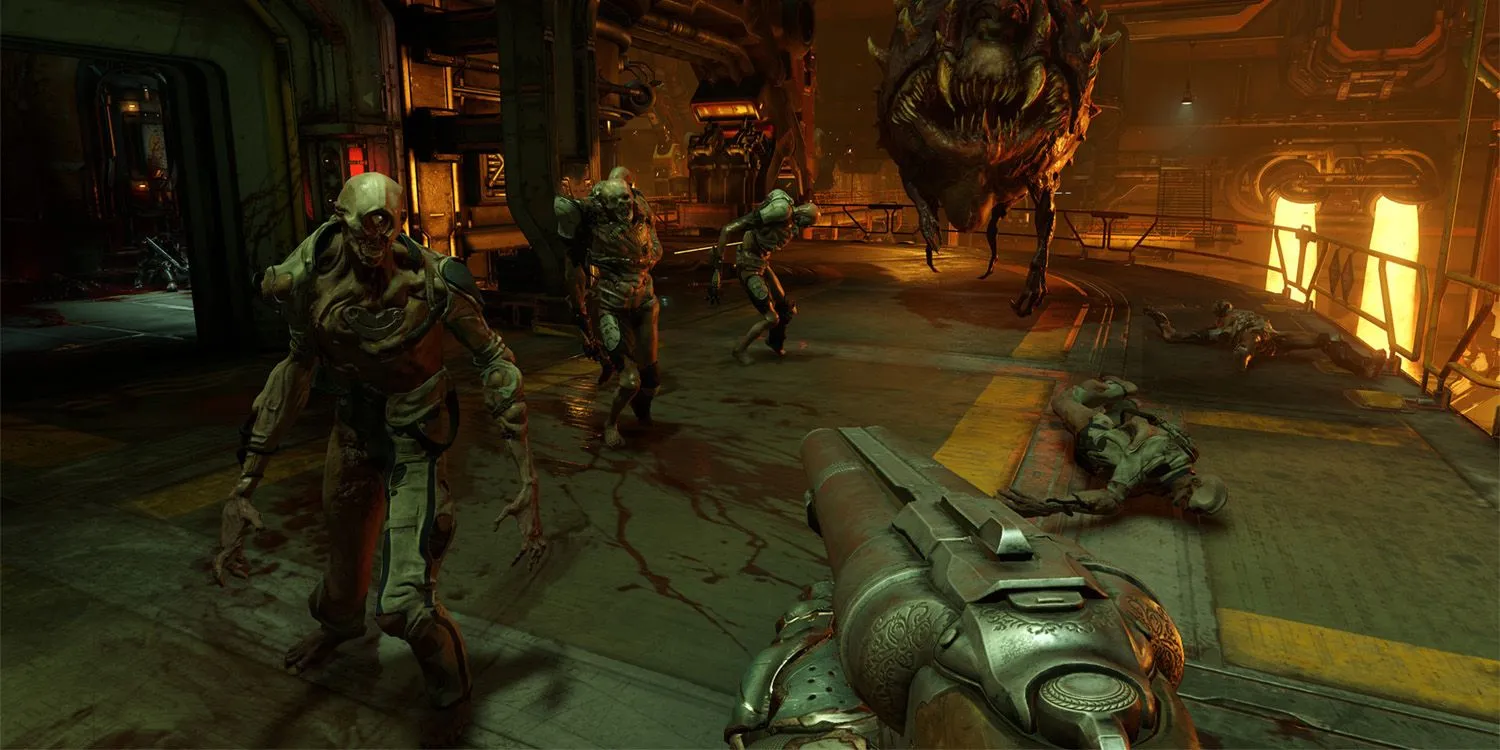 Doom Slayer sử dụng shotgun chiến đấu với quỷ trong Doom 2016