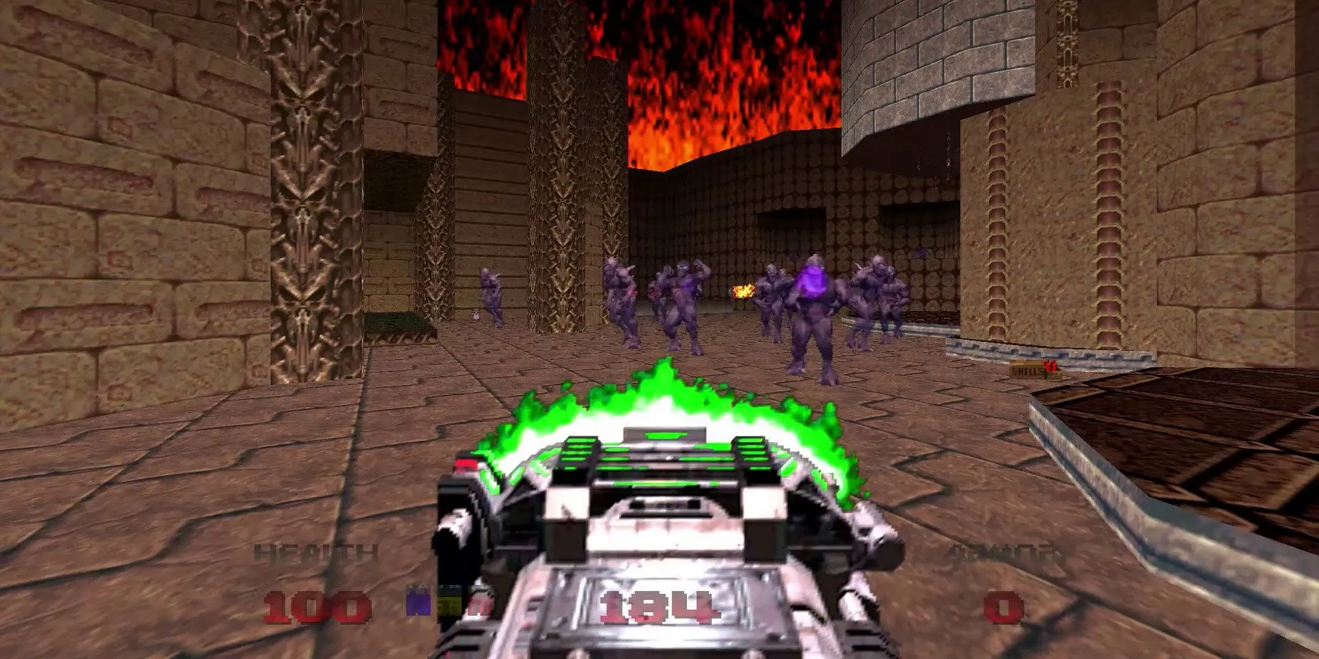 Doomguy cầm khẩu BFG trong Doom 64 với khung cảnh tăm tối