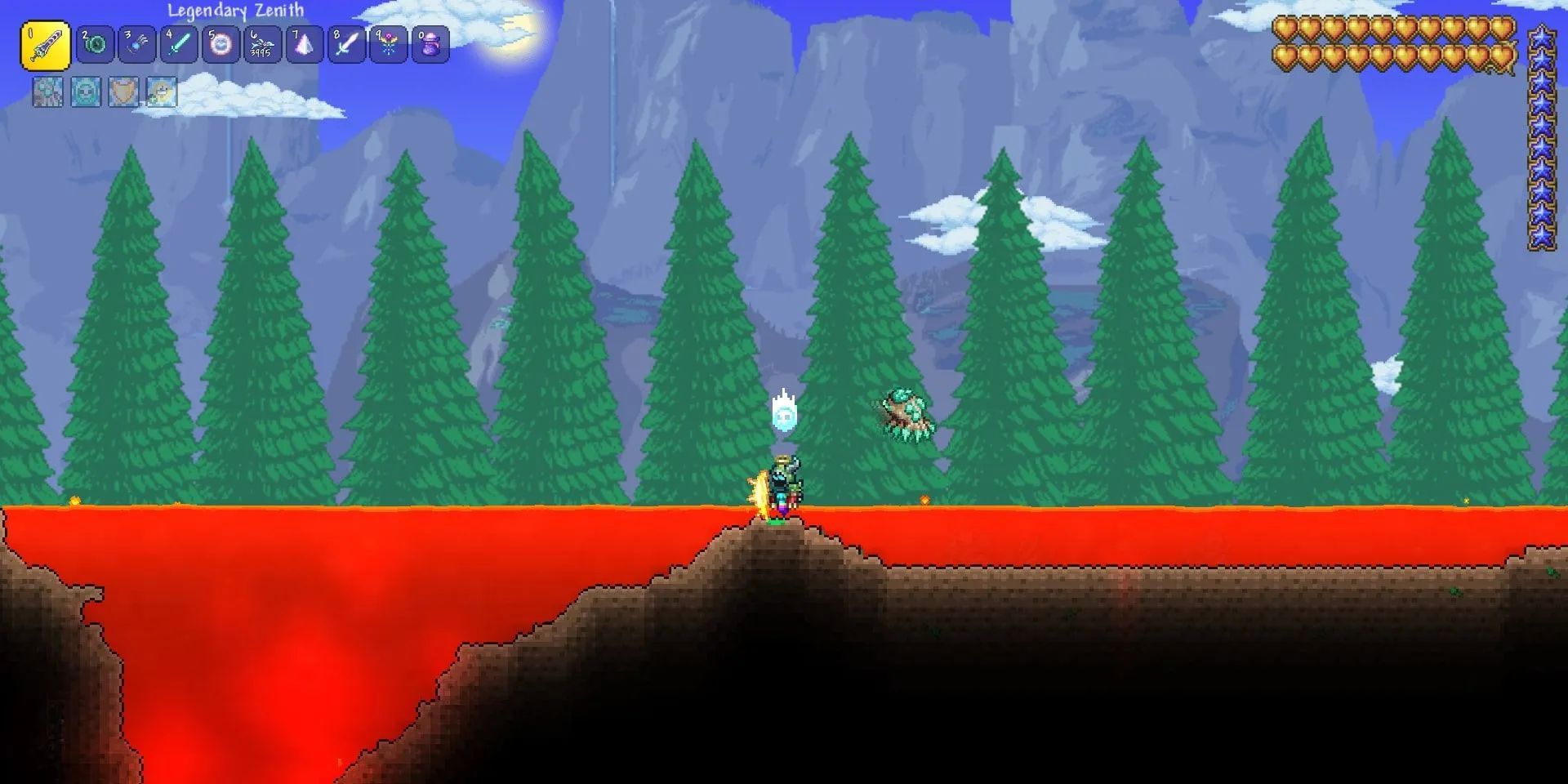 Dung nham xuất hiện trên bề mặt thế giới Terraria với phong cách pixel art đặc trưng