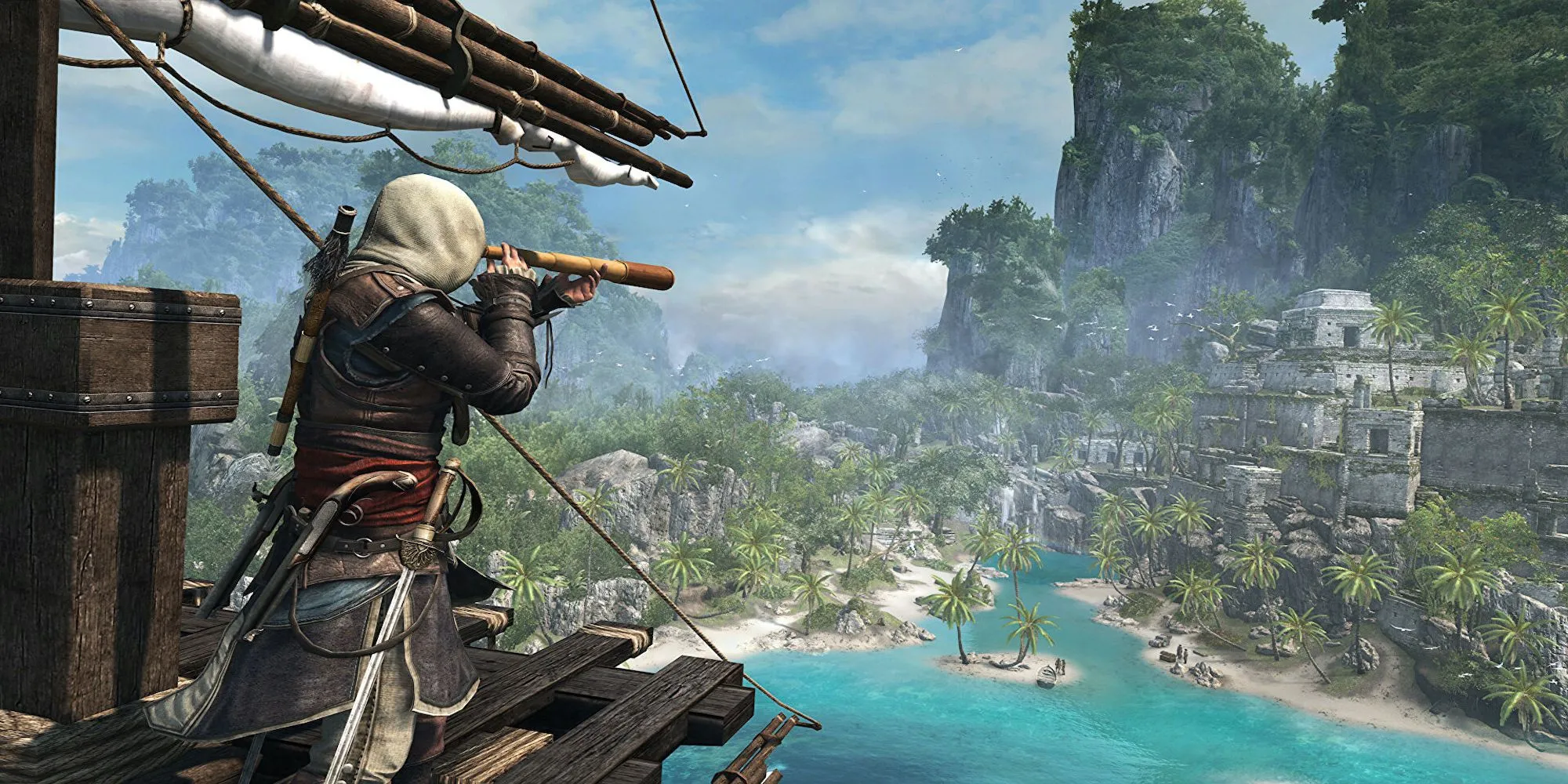 Edward Kenway trong trang phục sát thủ cướp biển đang đứng trên mỏm đá nhìn ra biển Caribe xanh ngắt trong Assassin's Creed: Black Flag.