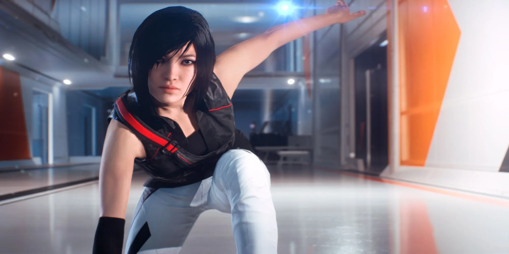 Faith Connors thực hiện cú nhảy parkour ngoạn mục trên nóc nhà thành phố Glass trong Mirror's Edge Catalyst