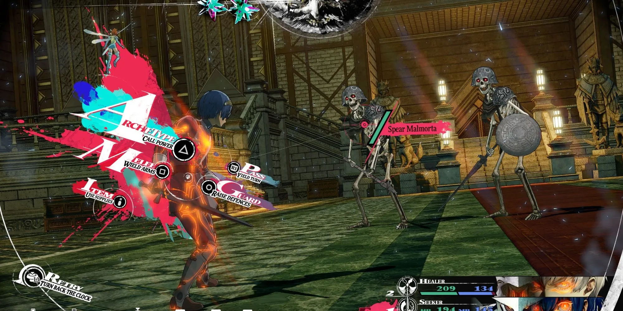 Gameplay chiến đấu trong hầm ngục Regalith Grand Cathedral của Metaphor ReFantazio