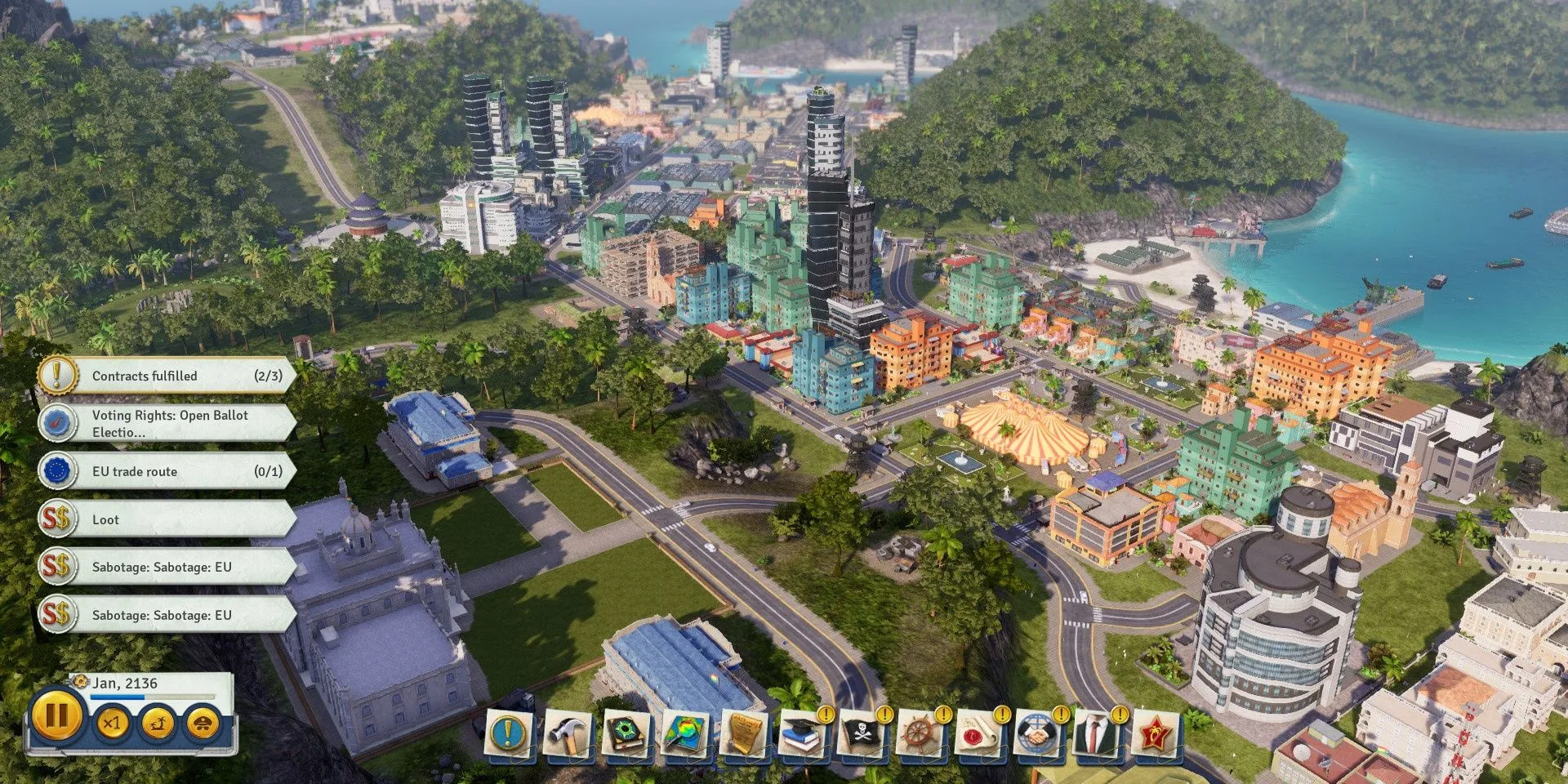 Gameplay của Tropico 6 với khung cảnh thành phố và các công trình