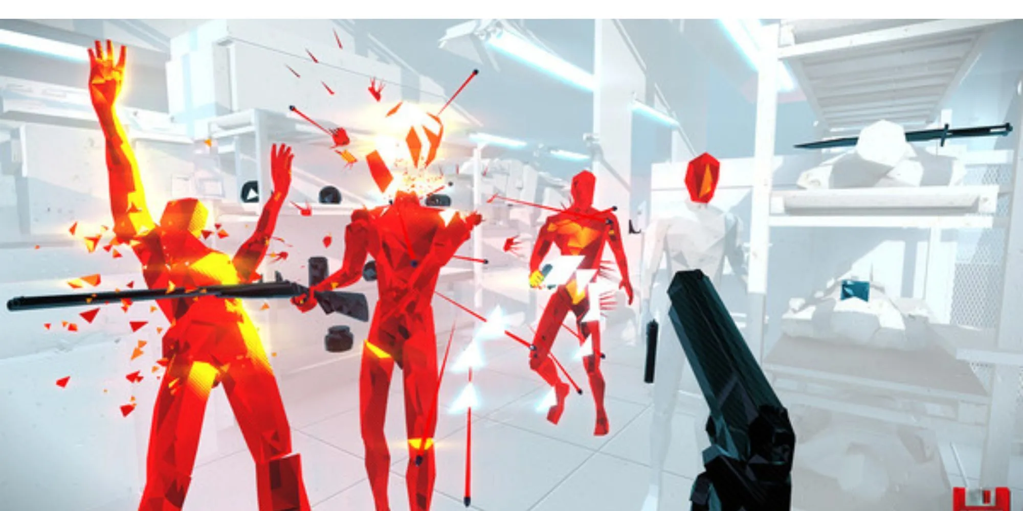 Gameplay SUPERHOT với phong cách đồ họa tối giản trắng đỏ và kẻ địch đa giác