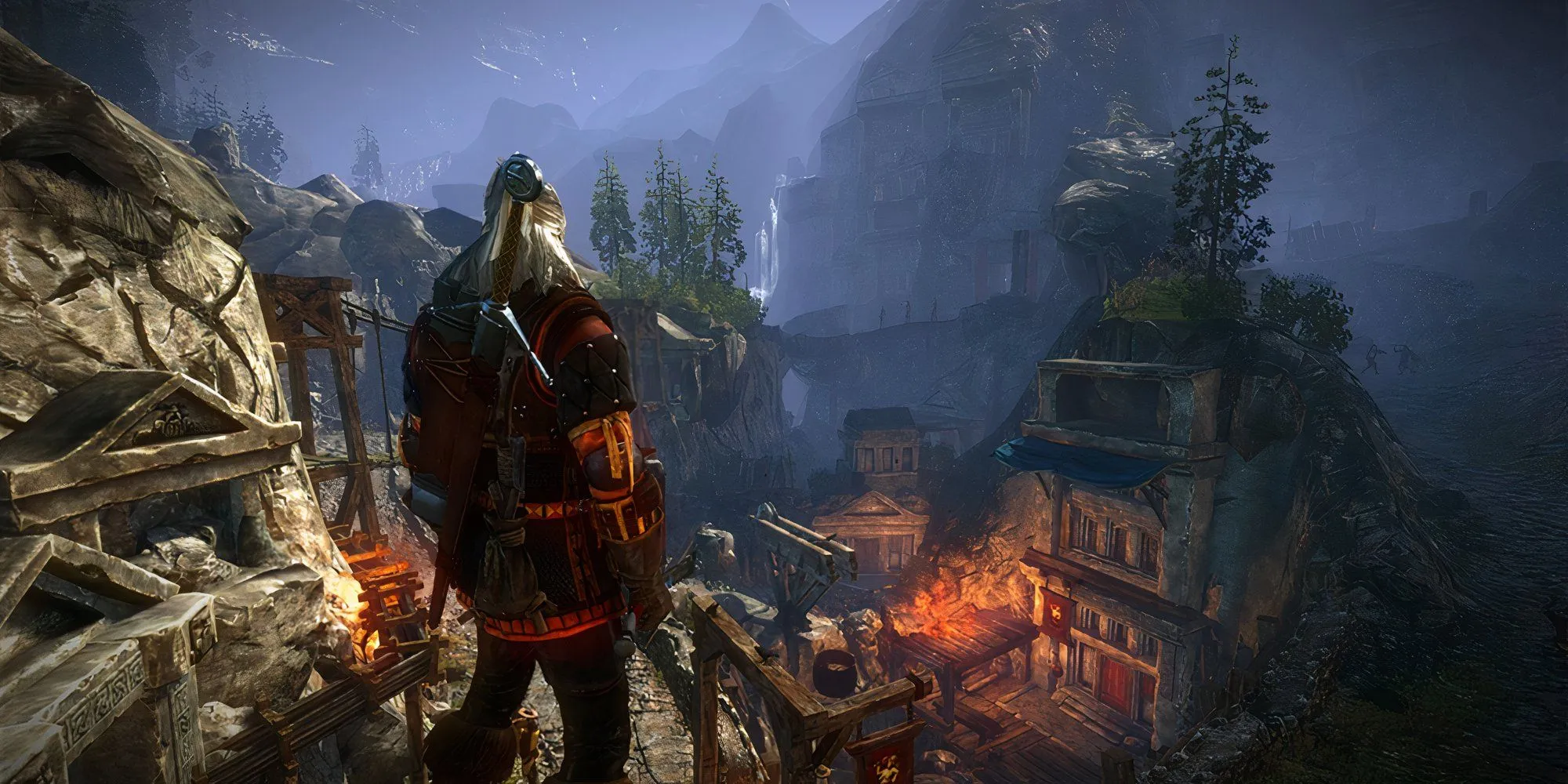 Geralt nhìn xuống thị trấn trong The Witcher 2 Assassins of Kings