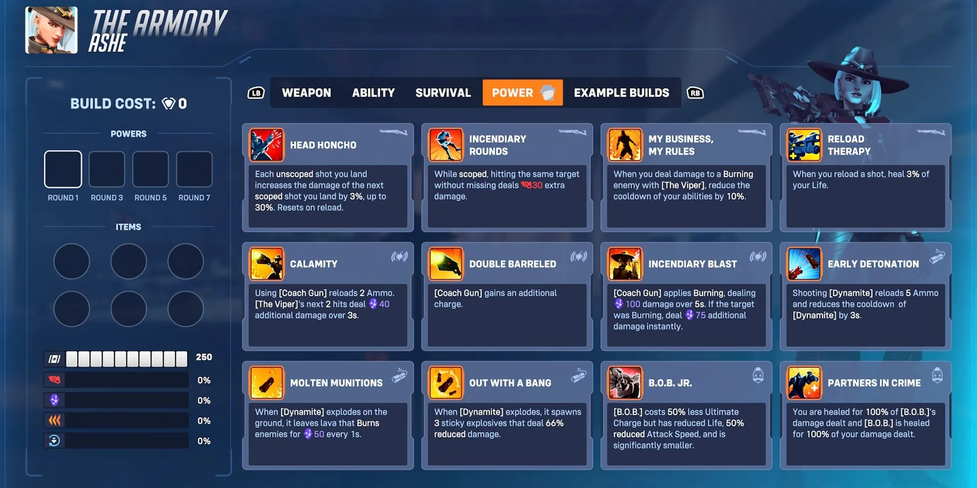 Giao diện Armory trong chế độ Stadium Overwatch 2 nơi chọn Powers và Abilities
