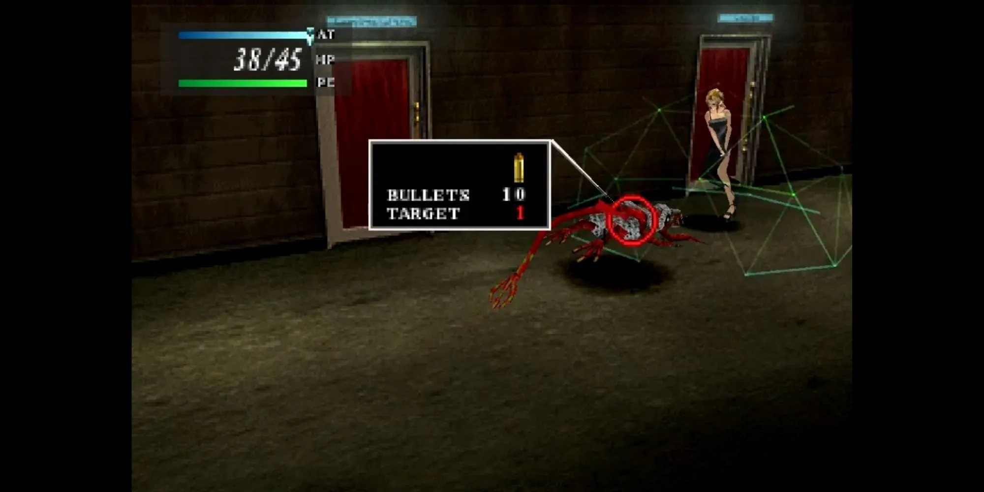 Giao diện chiến đấu ATB thời gian thực trong game kinh dị Parasite Eve, nhân vật Aya Brea đang di chuyển.