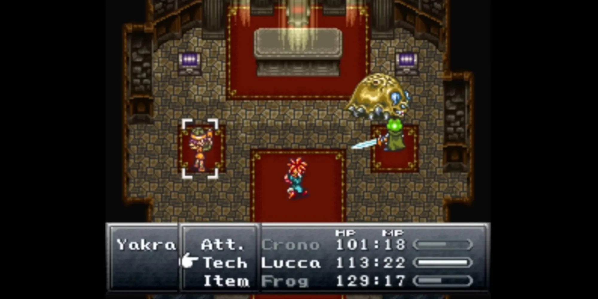 Giao diện chiến đấu cổ điển trong Chrono Trigger, ví dụ điển hình cho hệ thống ATB được cải tiến.