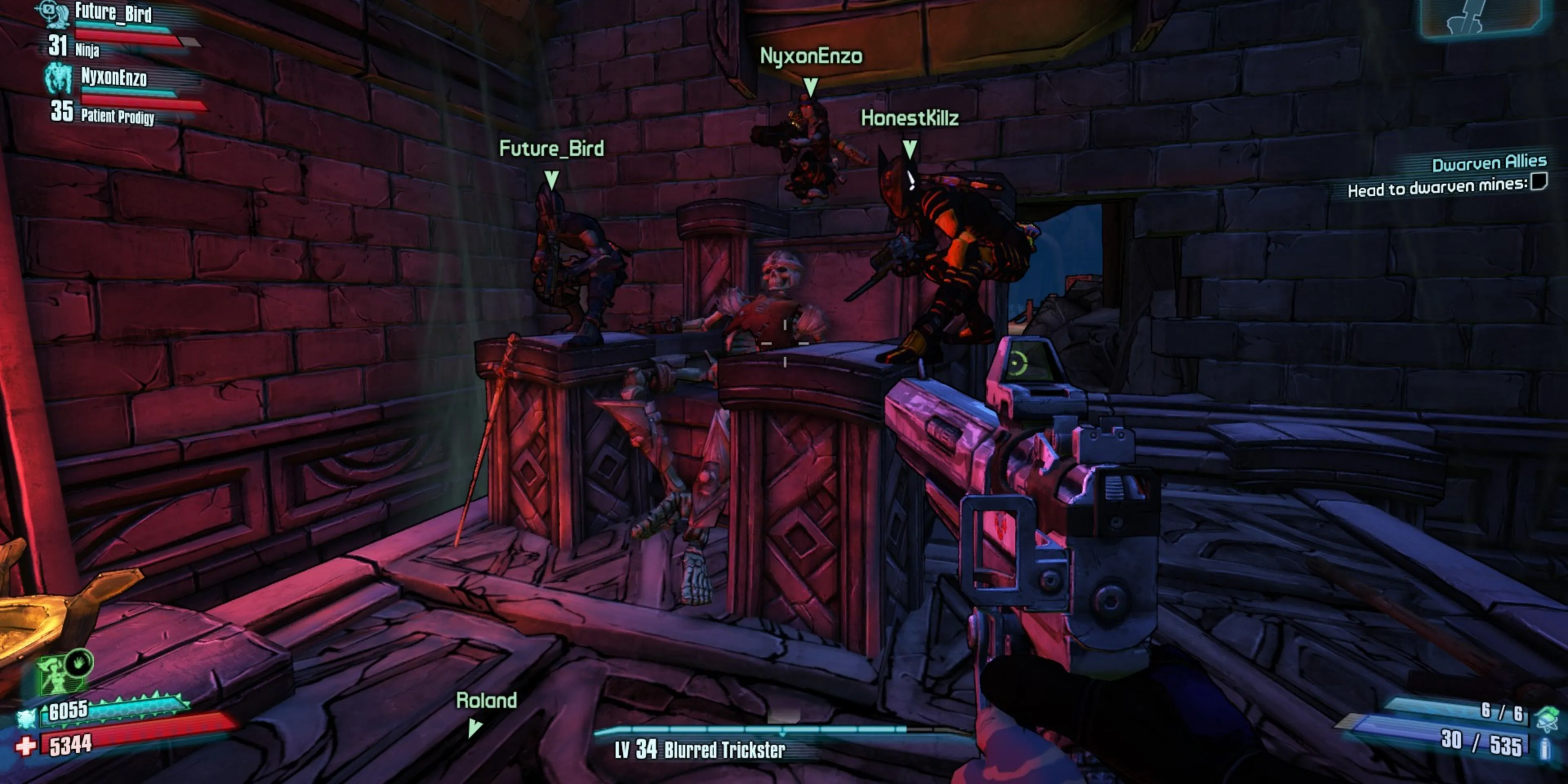 Giao diện chiến đấu co-op trong Borderlands 2 với nét vẽ viền đậm đặc trưng của graphic novel