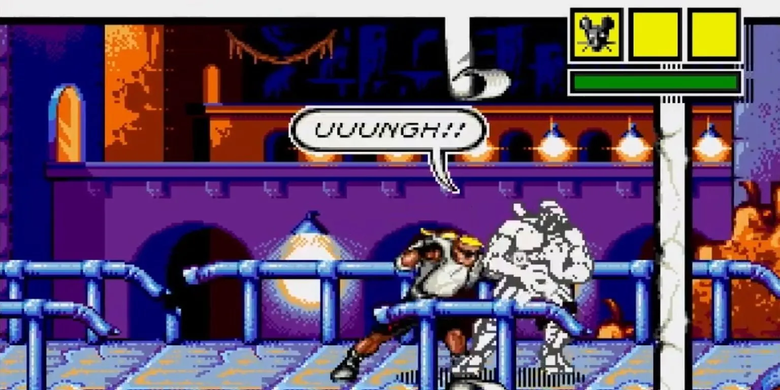 Giao diện chiến đấu trong Comix Zone, cho thấy nhân vật Sketch Turner đang chiến đấu ngay trên các panel truyện tranh