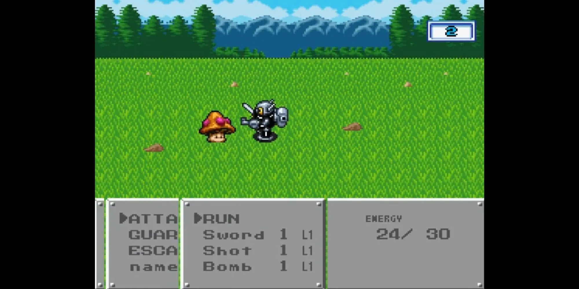 Giao diện chiến đấu trong game JRPG Robotrek, thể hiện hệ thống ATB độc đáo với robot.