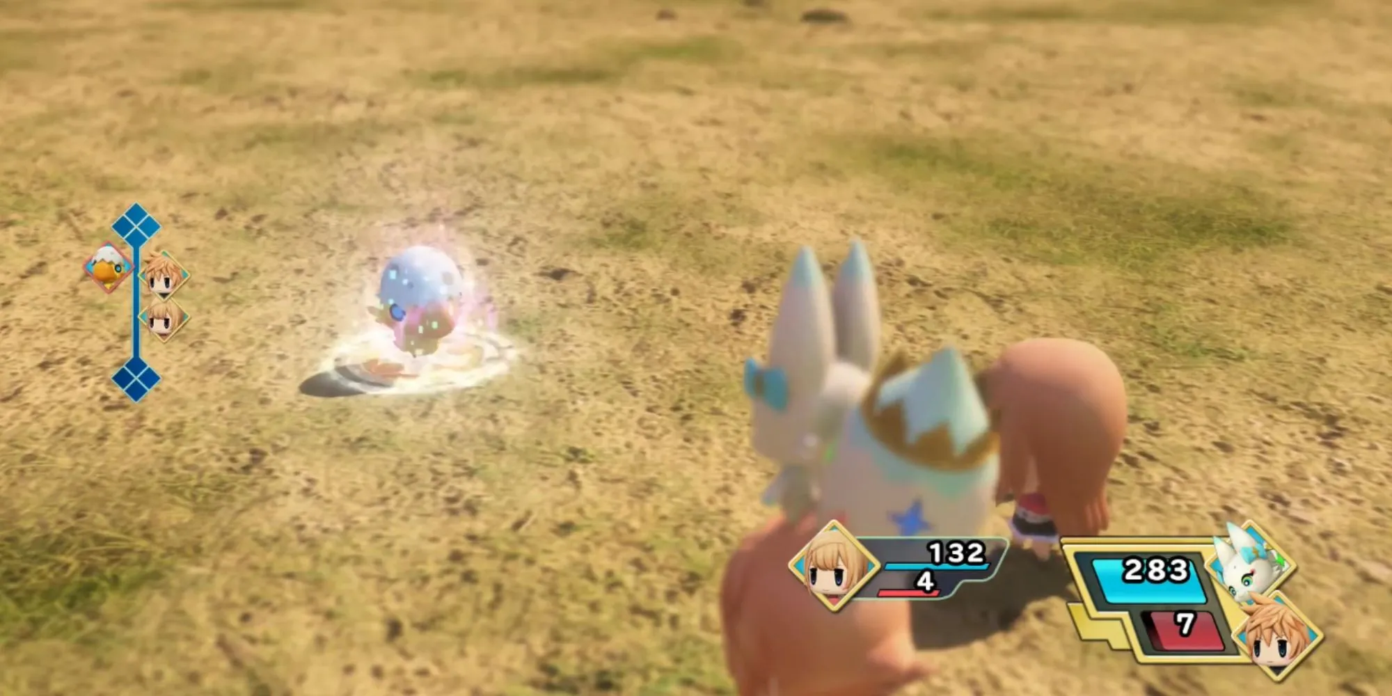 Giao diện chiến đấu trong World of Final Fantasy, hiển thị hệ thống ATB và cơ chế Stack độc đáo.
