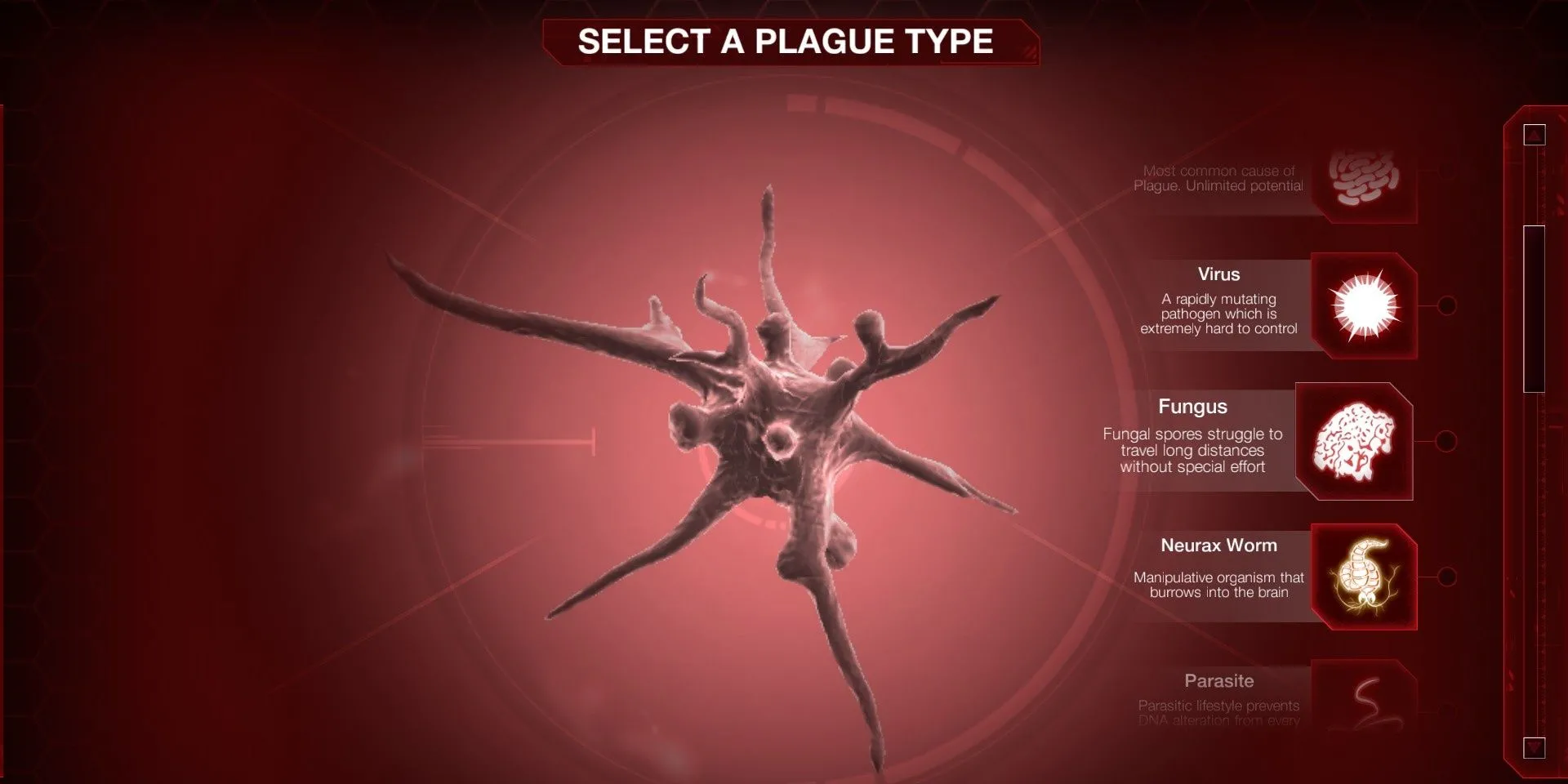 Giao diện chọn loại mầm bệnh để bắt đầu lây lan trong Plague Inc: Evolved