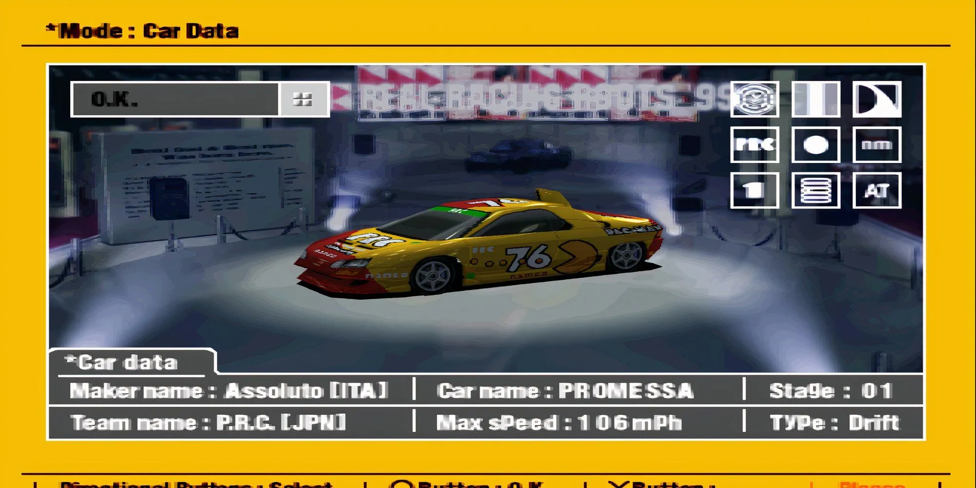 Giao diện chọn xe trong game Ridge Racer Type 4 với nhiều mẫu xe đua thể thao
