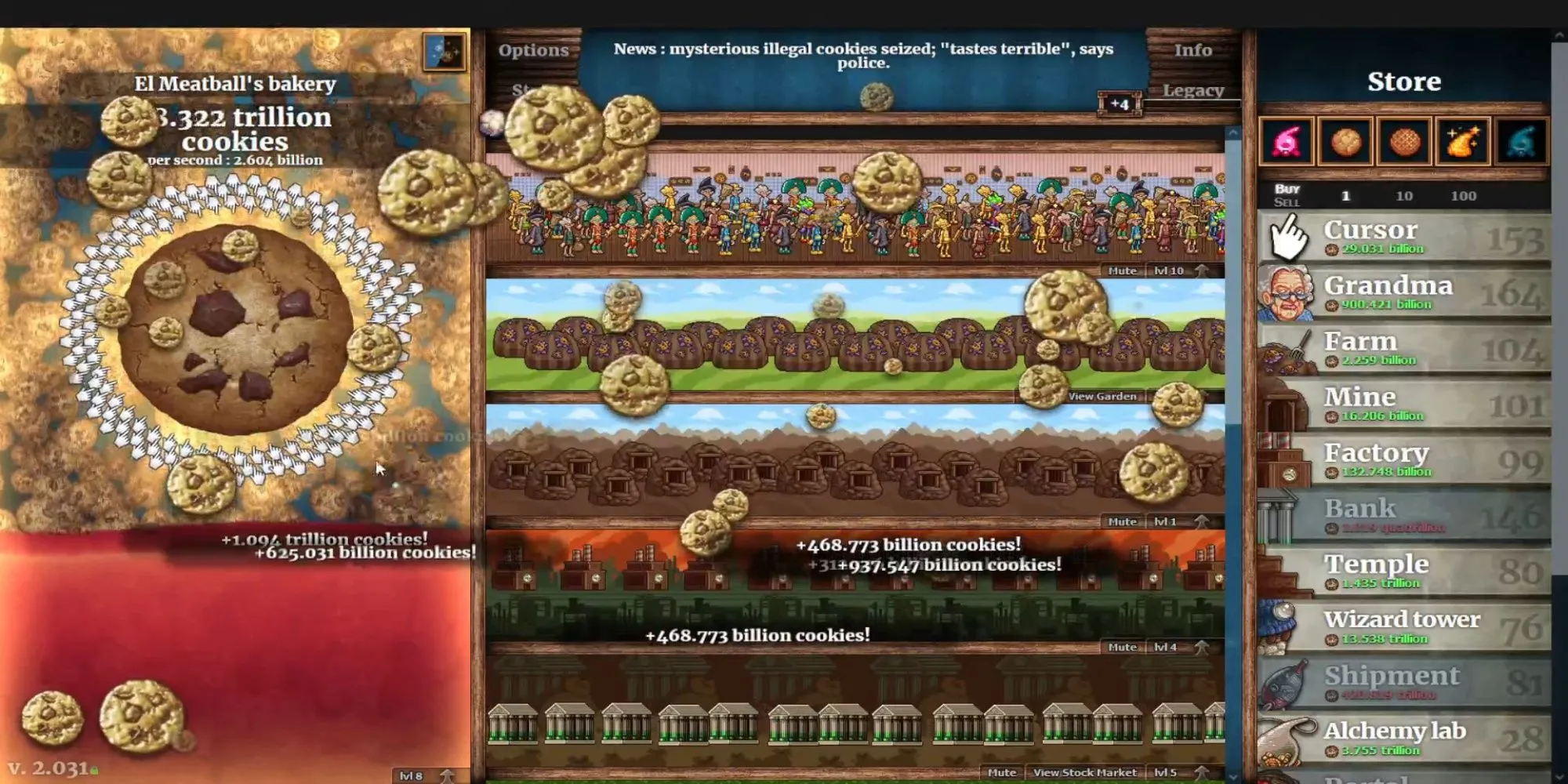 Giao diện game Cookie Clicker với chiếc bánh quy khổng lồ và các nâng cấp