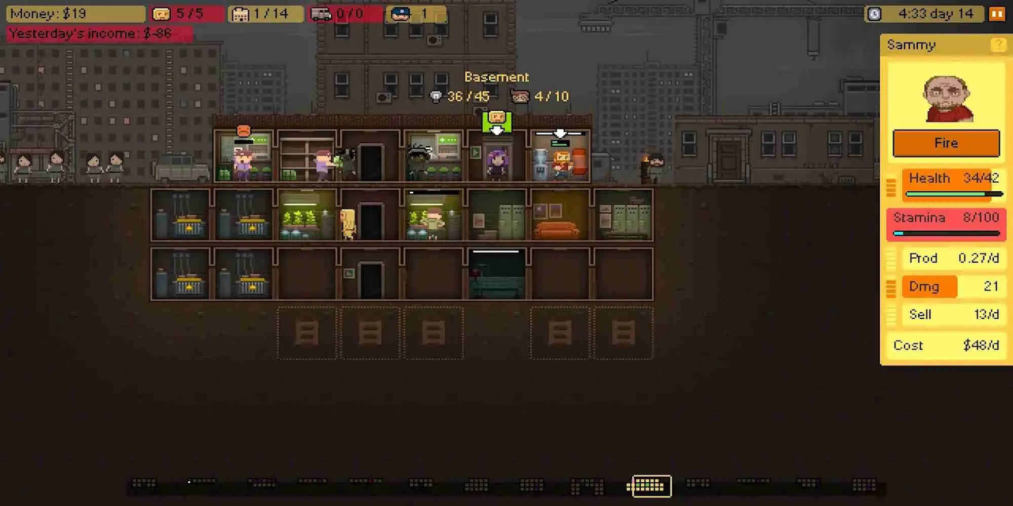Giao diện quản lý tầng hầm với các phòng sản xuất và nhân viên trong game Basement