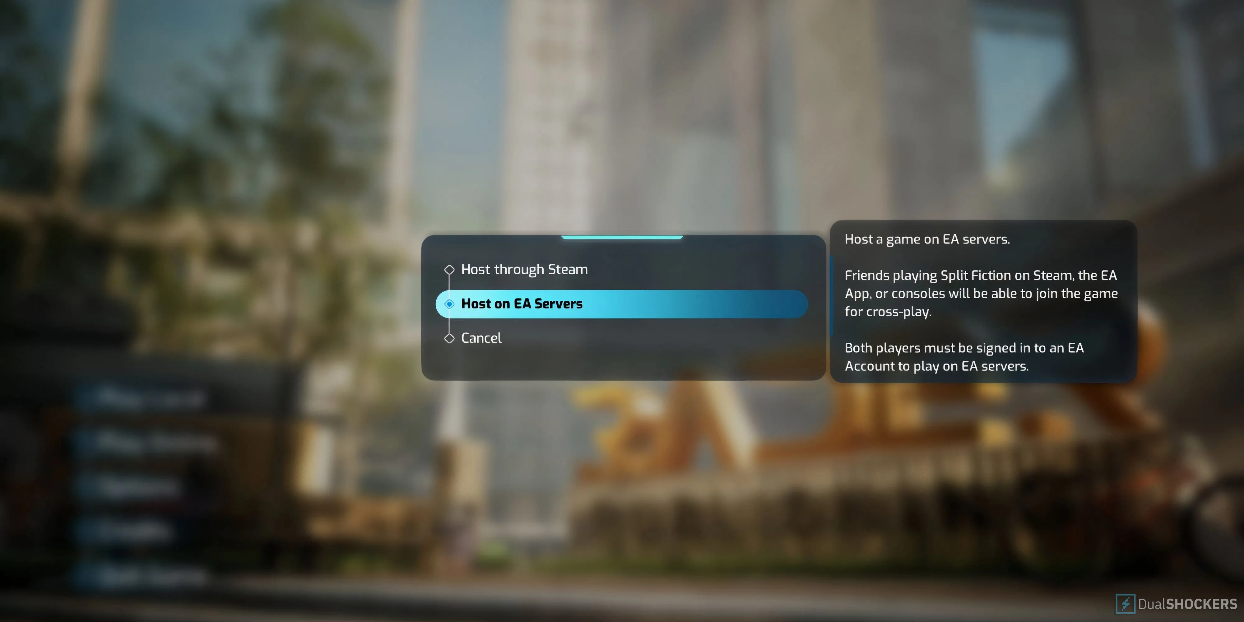 Giao diện trong Split Fiction hiển thị tùy chọn host game online qua máy chủ EA, với logo EA nổi bật.