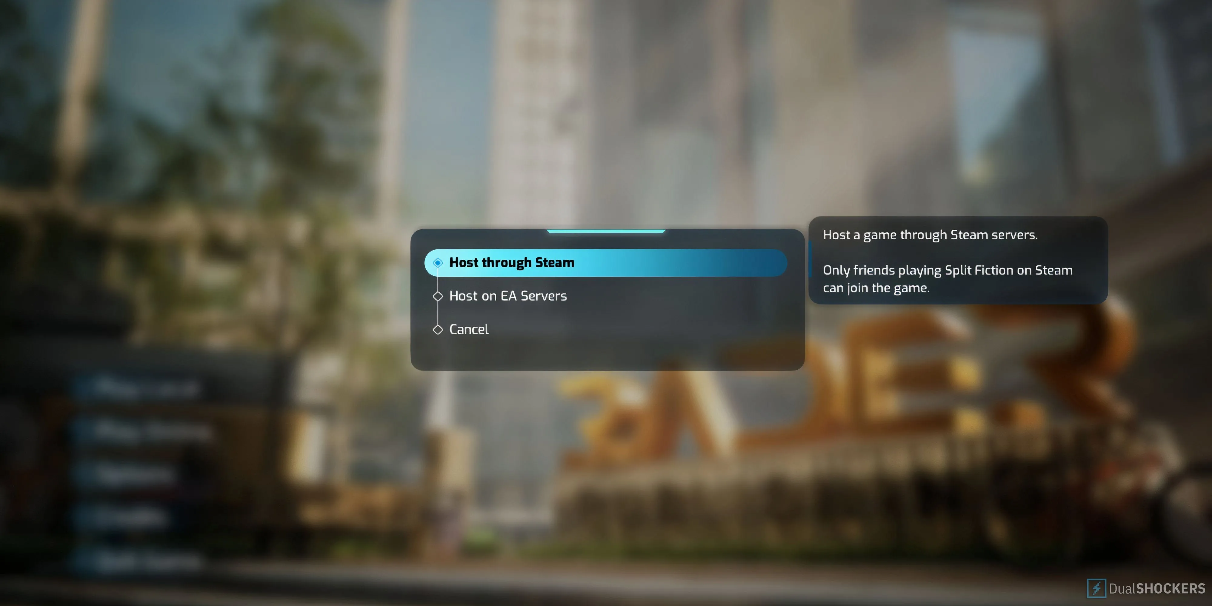 Giao diện trong Split Fiction hiển thị tùy chọn host game online qua máy chủ Steam, với các biểu tượng tay cầm chơi game.