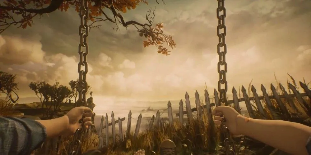 Góc nhìn người thứ nhất từ chiếc xích đu nhìn ra hàng rào gỗ bị gãy trong What Remains of Edith Finch