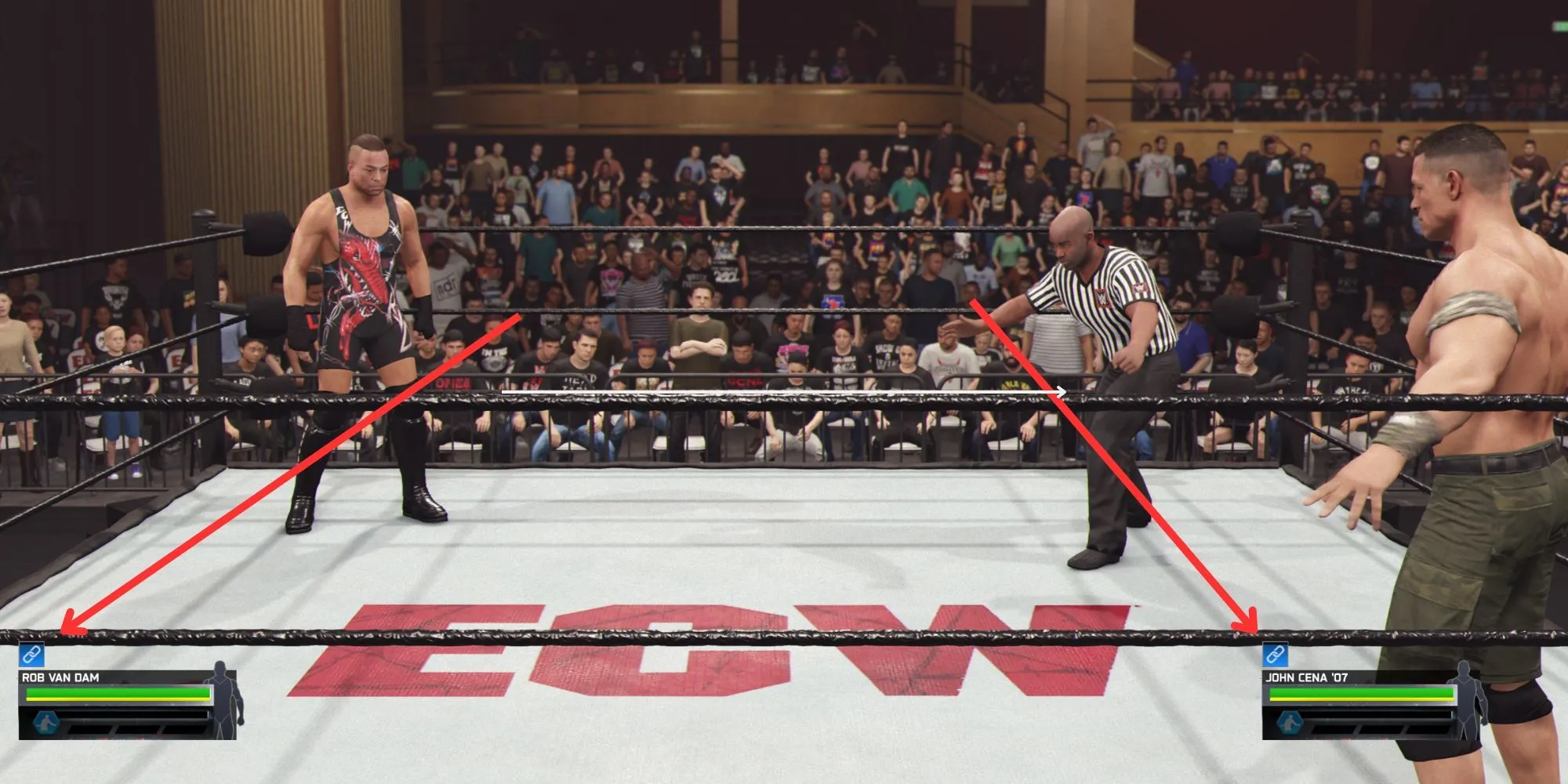 Hai đô vật thực hiện chain wrestling trong WWE 2K25